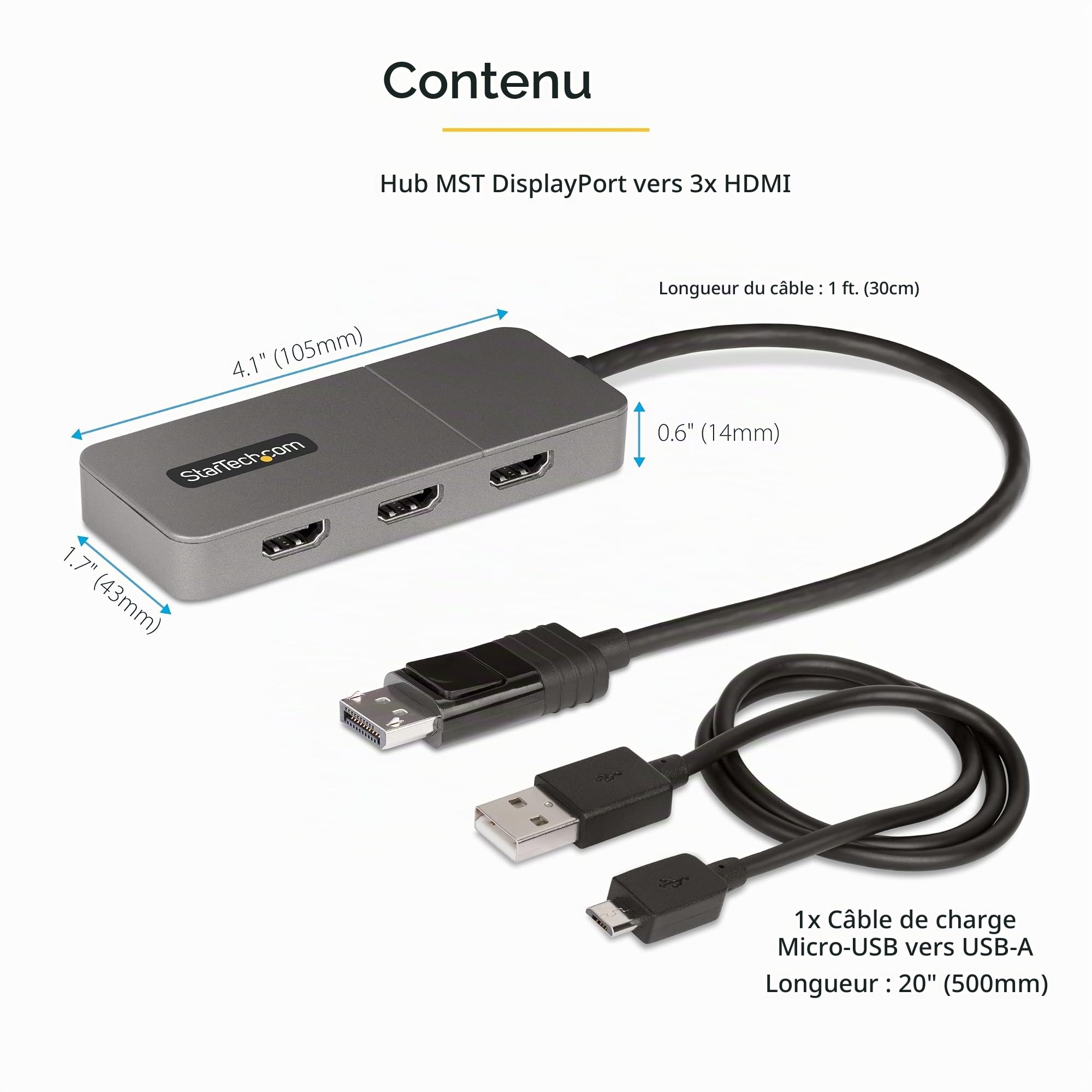 StarTech Hub MST DisplayPort 1.4 vers 3X HDMI de 30cm, Triple 4K 60Hz, HDR