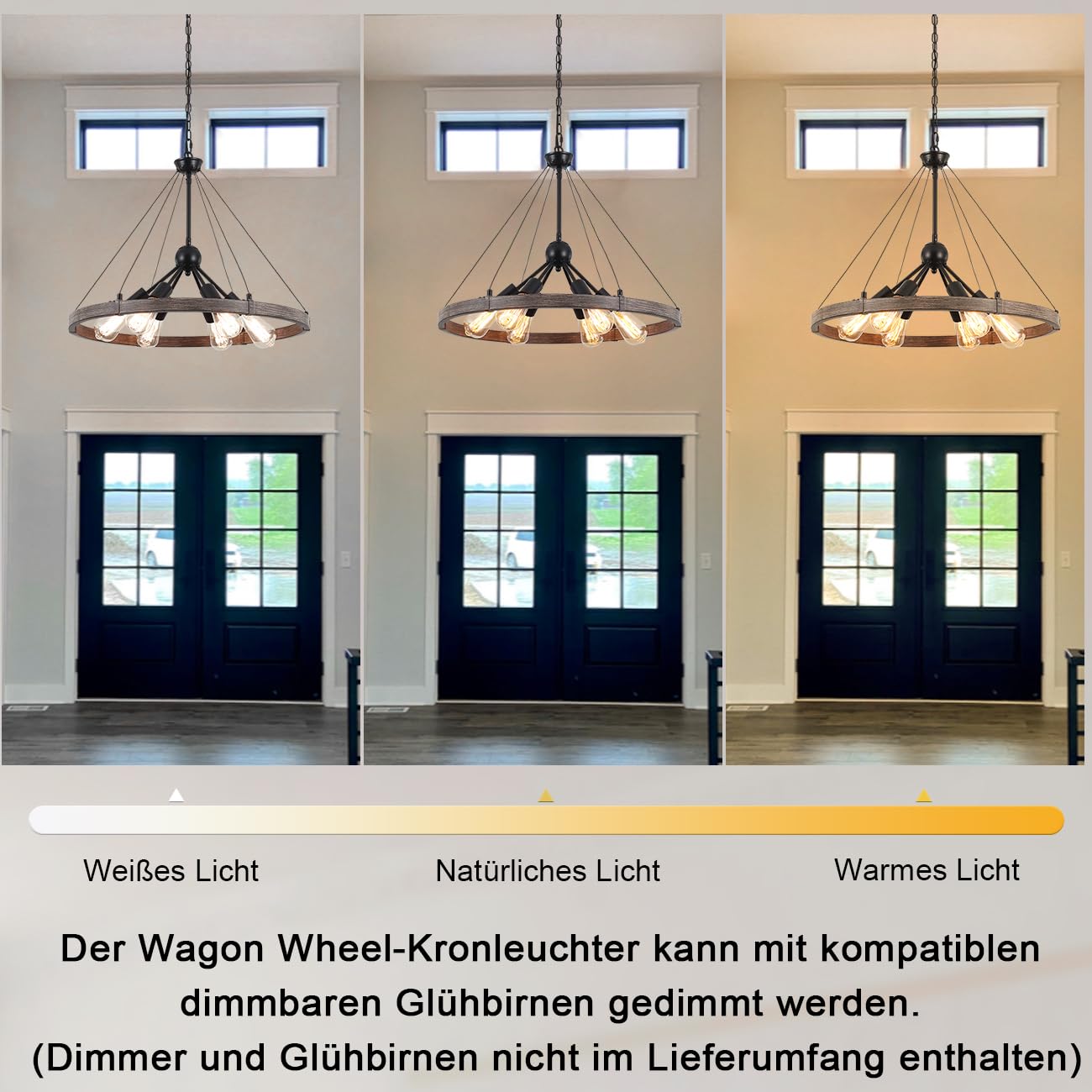 Industrial Kronleuchter Rustikal, 6 Flammig Pendelleuchte Landhaus | Außen Kronleuchter Schwarz Wohnzimmer Flur Esstisch mit Holzmaserung Hängelampe Landhausstil-Höhenverstellung-Ohne E27 Birne