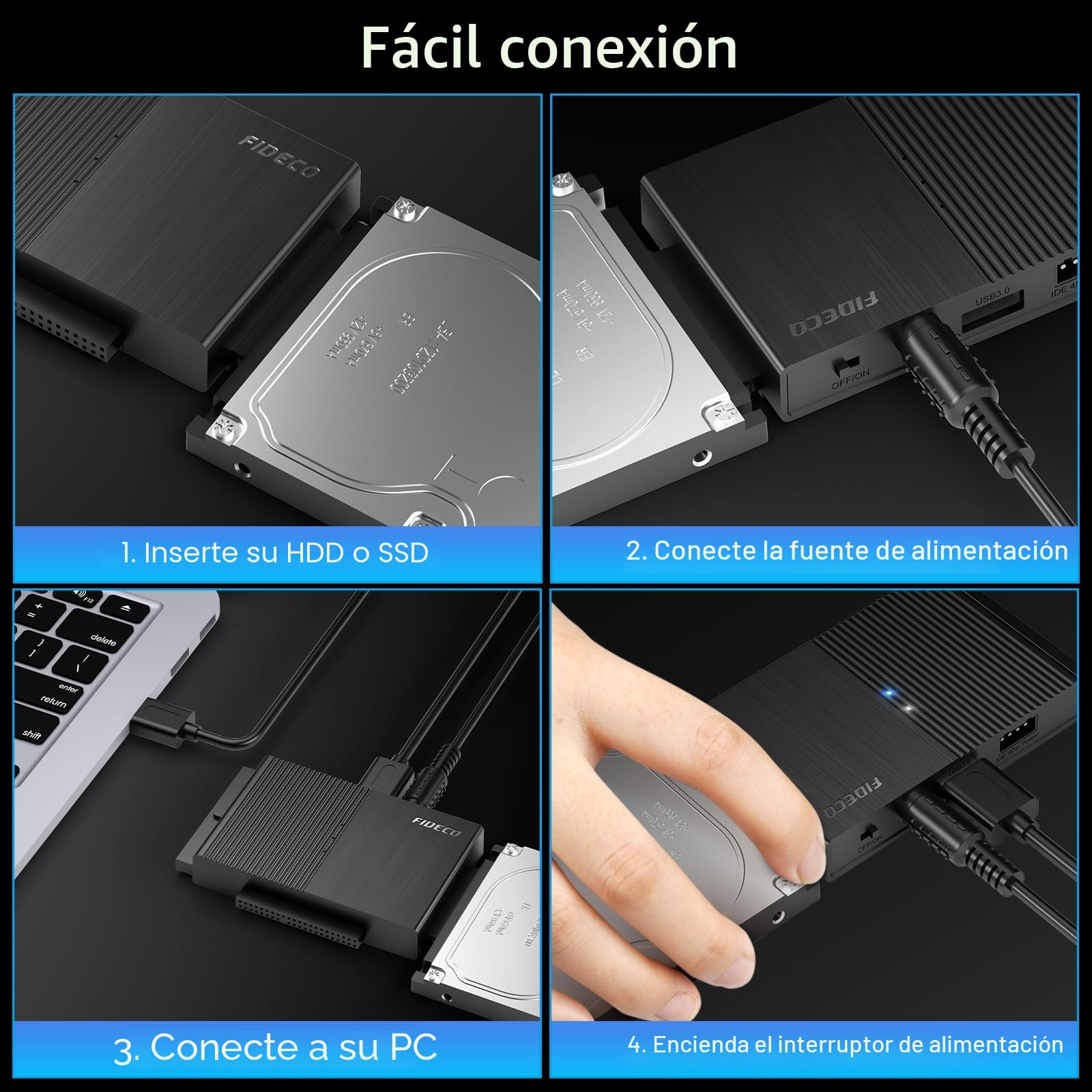 FIDECO Adaptador Lector Discos Duros USB 3.0 para 2,5'' y 3,5'' IDE y SATA HDD/SSD, CD-ROM, CD-RW, DVD-RW, Soporta 16TB MAX, Incluye Adaptador de Corriente 12V 2A