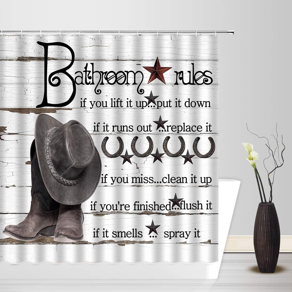 GCTNBJL Family Bathroom Rules Shower Curtain Black Funny Quotes Rustic Gray Wooden Western Cowboy Hat Boot Rusty Star Horseshoe Vintage Farmhouse Rural Bathroom Decor Fabric Curtain with Hooks