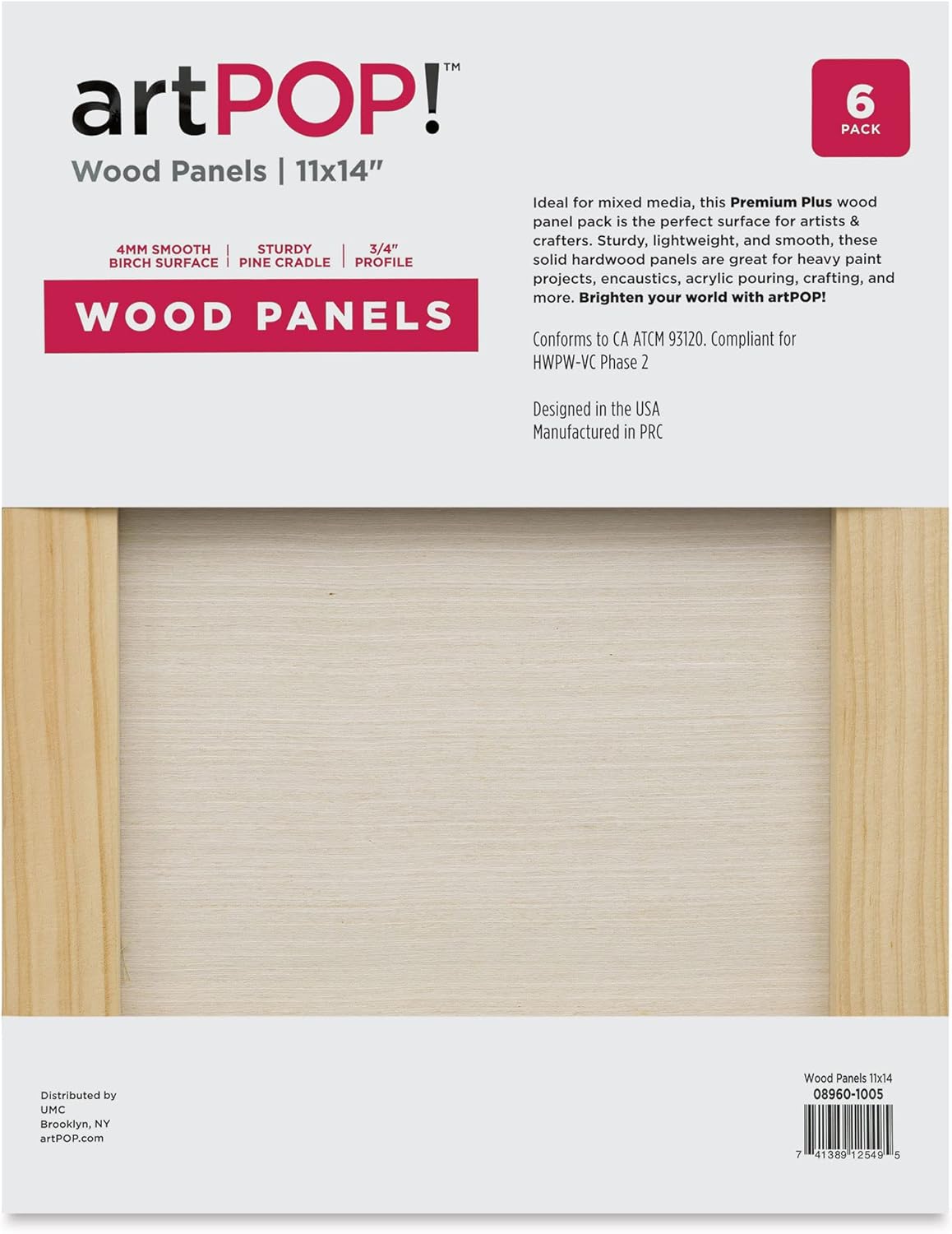 artPOP! Wood Panel Pack, 11 x 14 inches, Package of 6 Birch Wood Craft Panel Boards, 3/4 inch Profile Pine Cradle for Pouring, Crafting, Painting