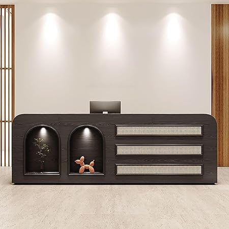 Modern Reception Desk with Storage Cabinet, Lockable Drawer, Double Tabletop – E1 Grade MDF Front Desk for Office, Salon, Retail & Reception Areas(Black Walnut,L79 xW24 xH39)