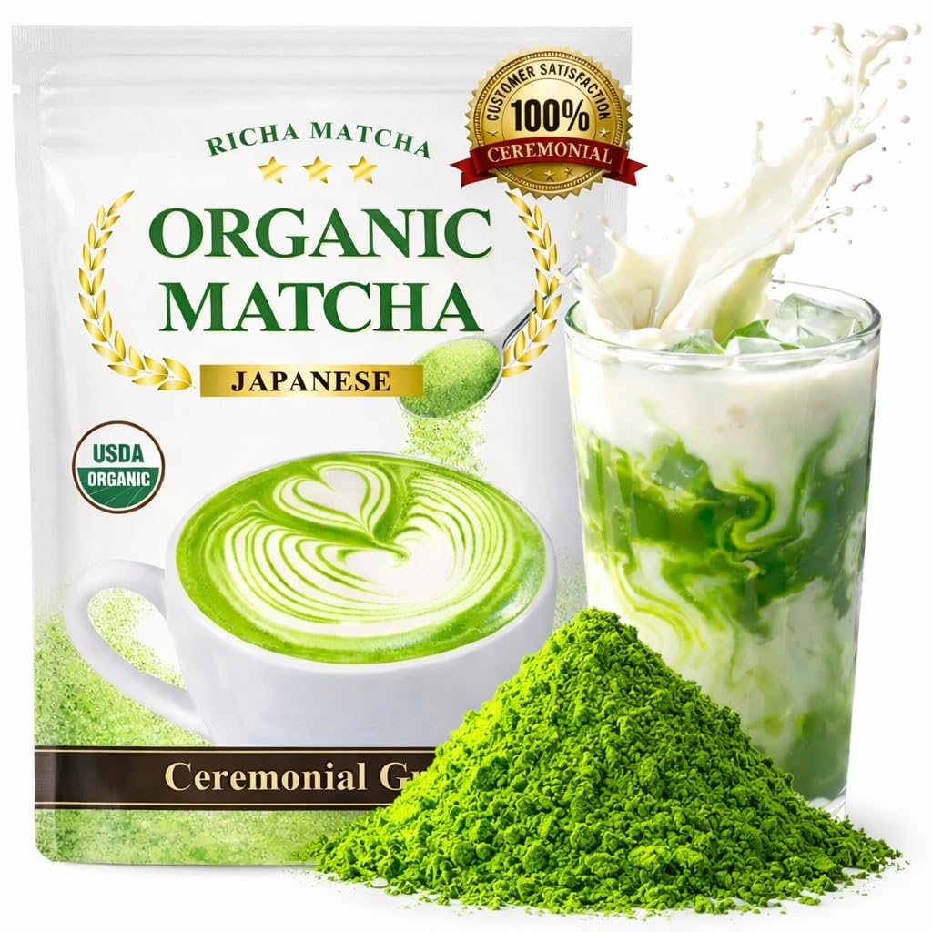 RICHA MATCHA – Organic Ceremonial Grade Japanese Matcha Powder – Uji Matcha Green Tea from Kyoto, Japan – First Harvest – Smooth & Vibrant, No Bitterness – No Sugar Added – 6.35oz (180g)