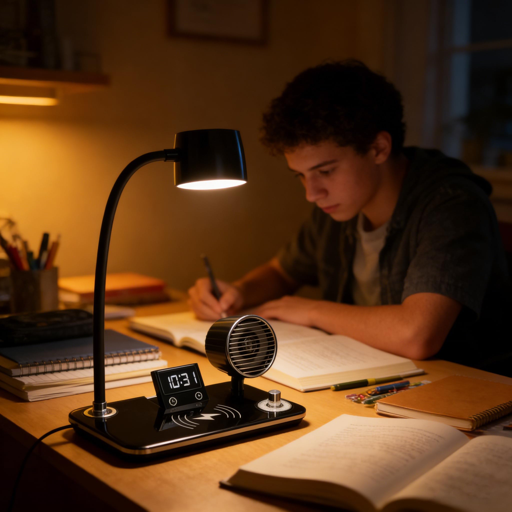 Lampada da Scrivania LED con Ricarica Wireless 15W, 500 LUX | Lampada da Tavolo Ufficio, Cassa Bluetooth e Sveglia, Braccio Flessibile, USB per Studio, Lettura, lavoro, Nero