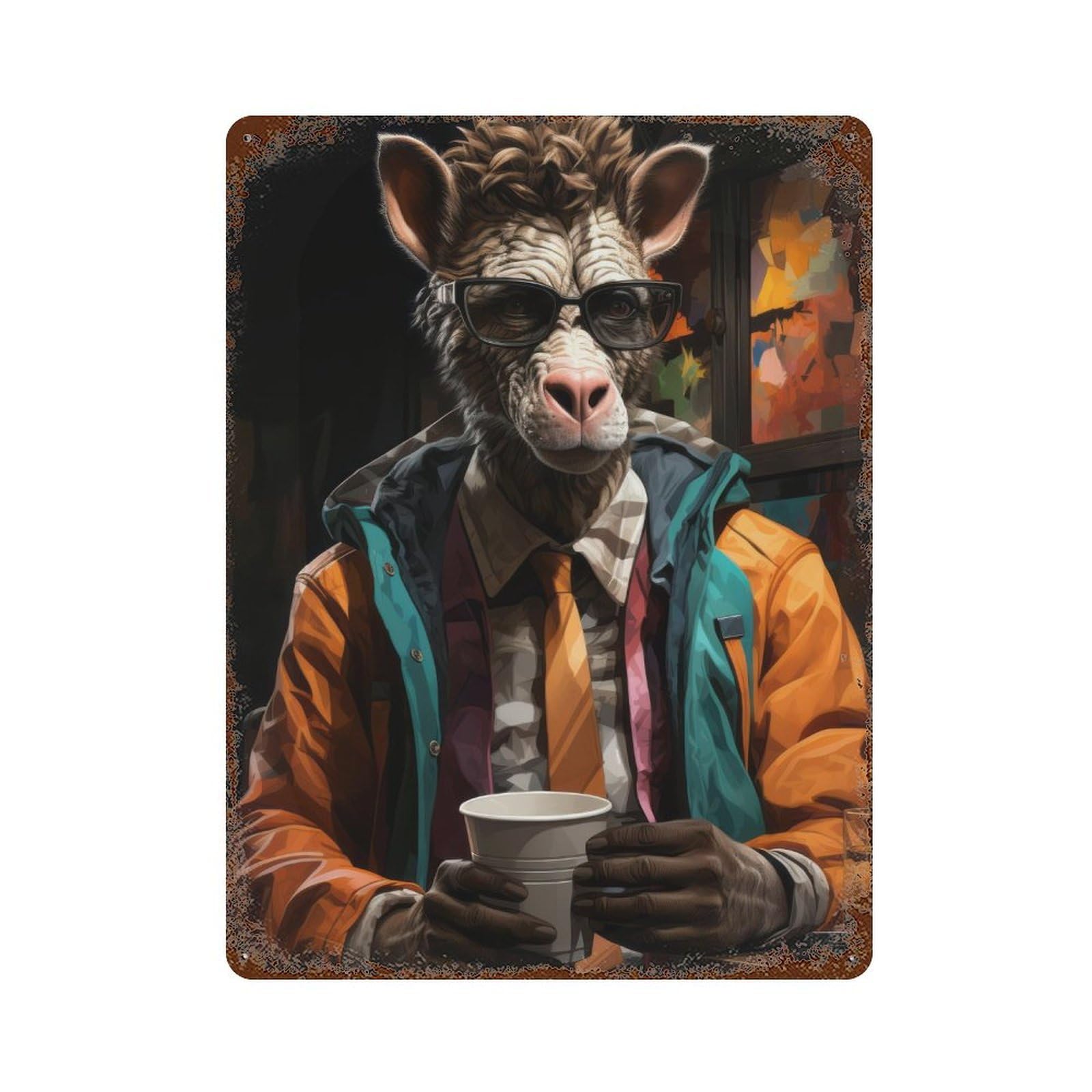 Hipster Monkey Sipping Coffee Rusty Metal Tin Sign 15.7"x11.8", Vintage Wall Decor for Garage, Pub Or Kitchen
