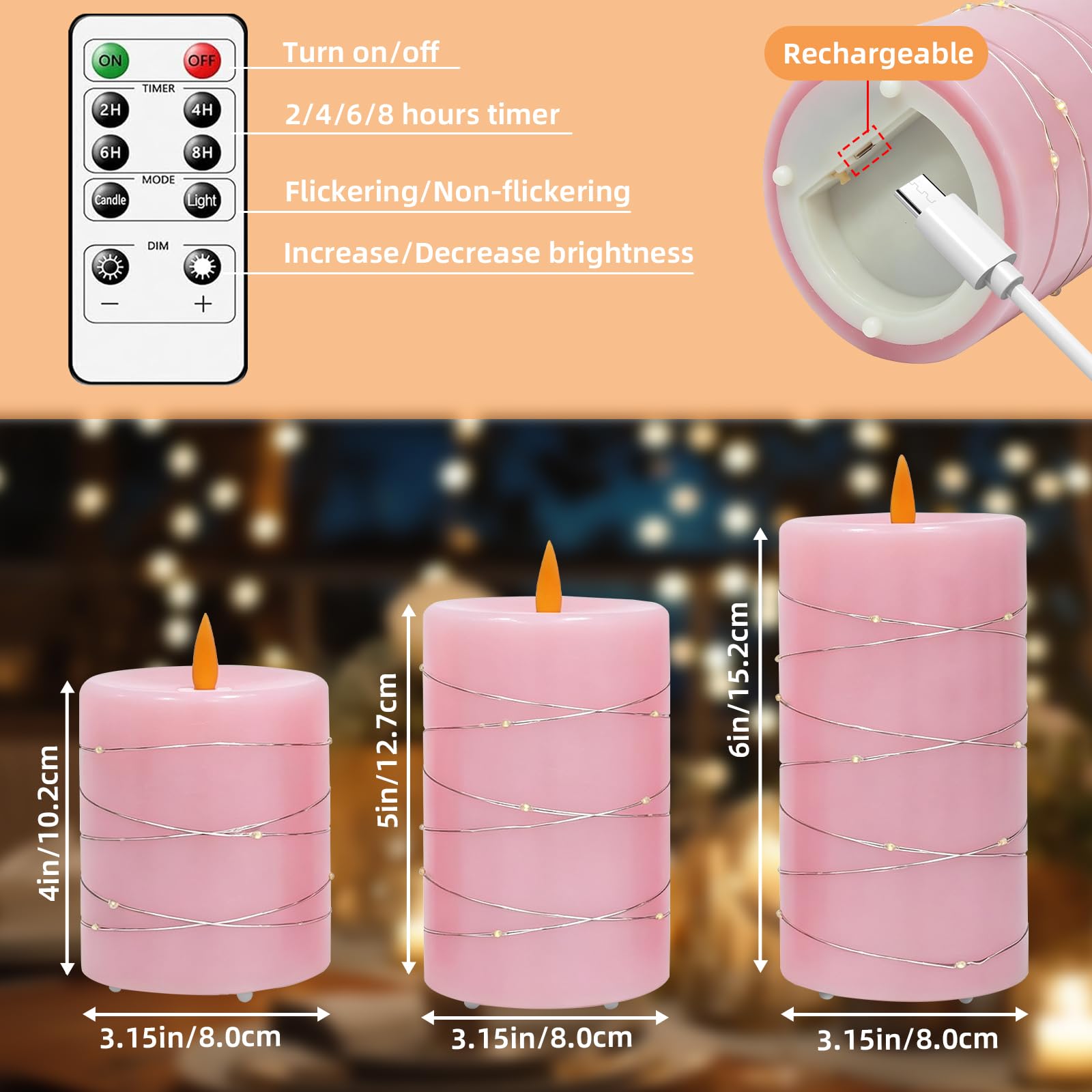 Candele LED Senza Fiamma set 3,Real Wax Pilastro Luce Candela Ricaricabili USB,con telecomando e timer Candele LED per festa, decorazione abitativa, campeggio, matrimoni (rosa)