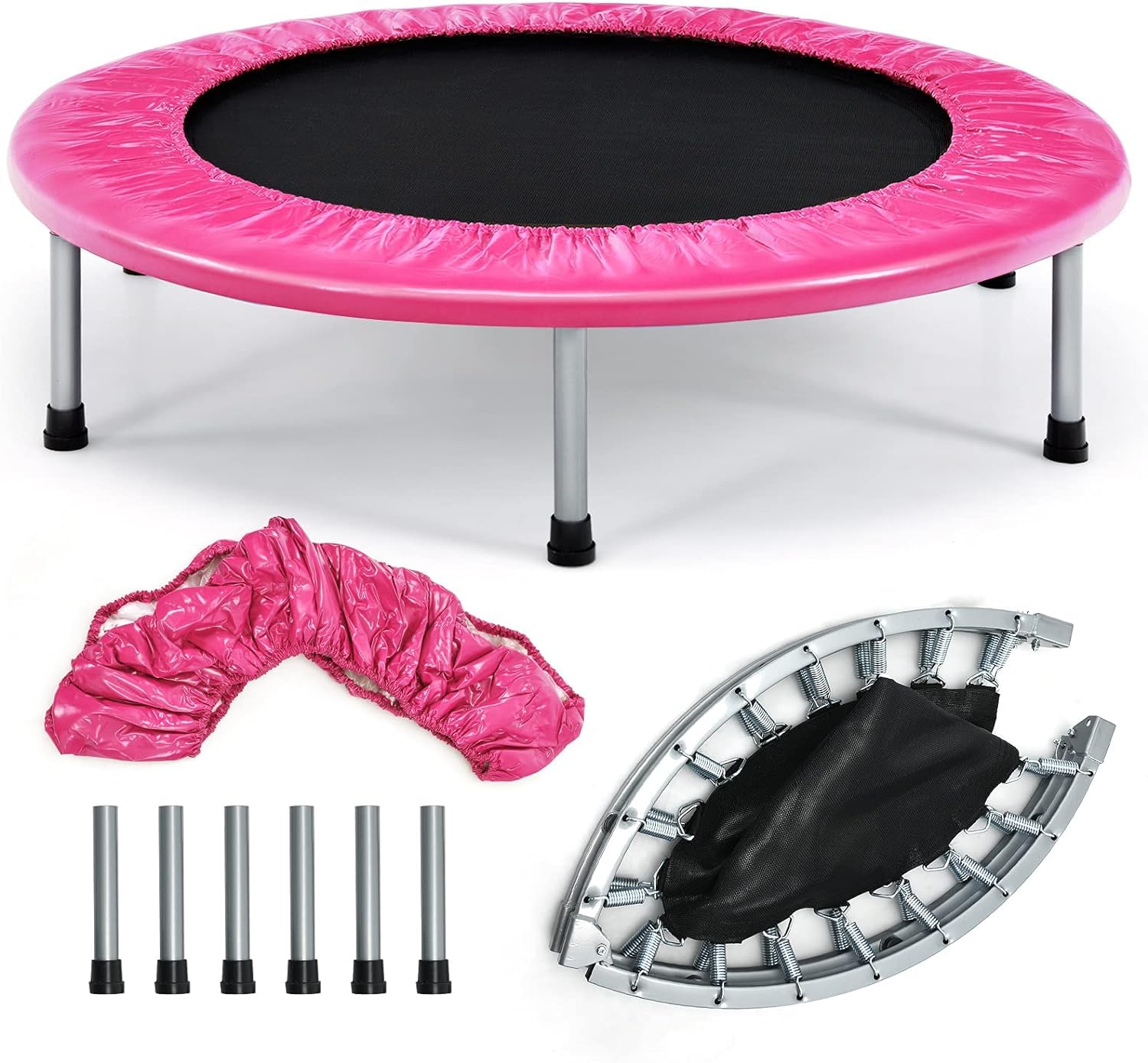 GOPLUS Mini Trampolín Fitness Plegable, Silencioso Trampolín Deportivo para Interior y Exterior con Alfombra de Seguridad, Carga Máxima 150KG, para Adultos y Niños