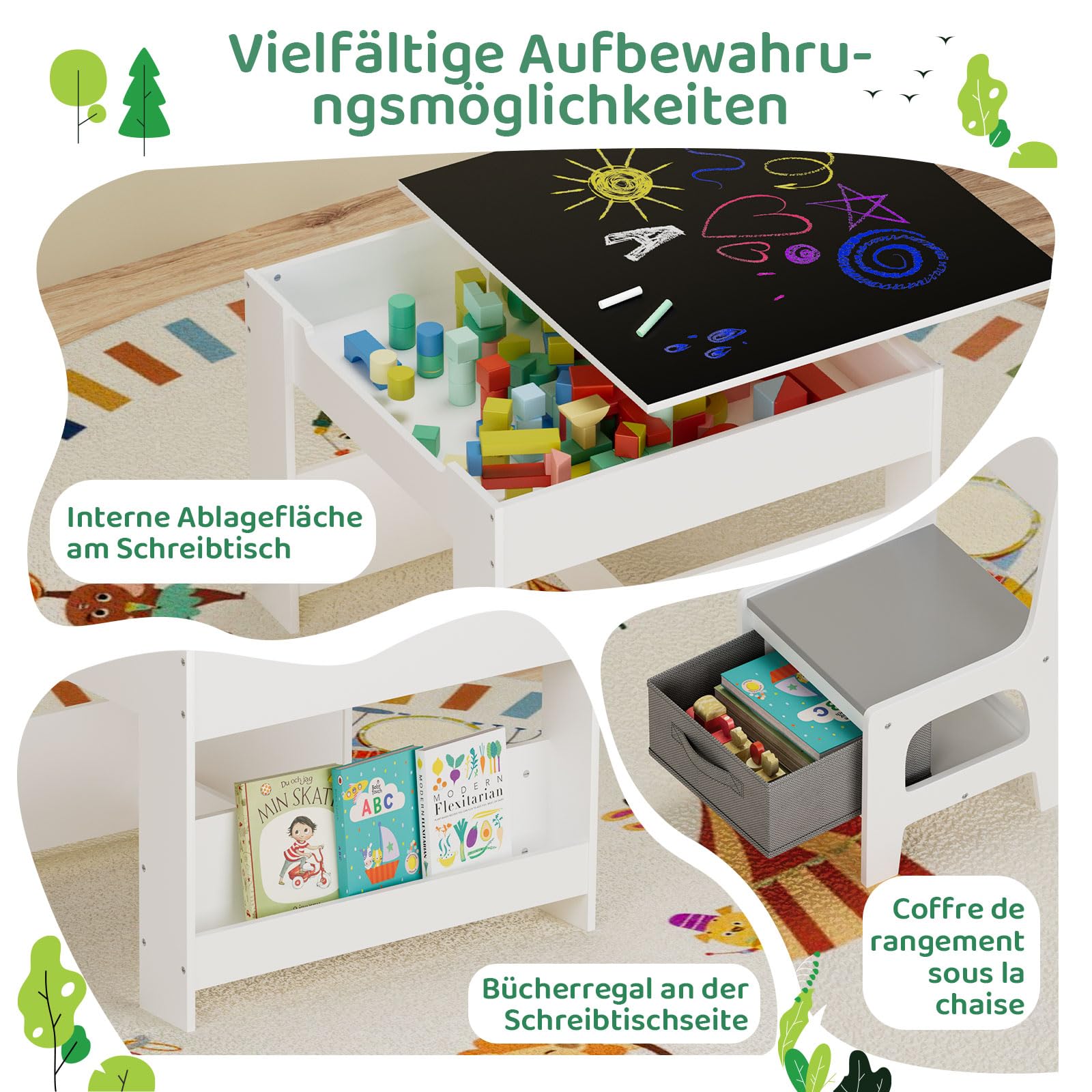 MAMIZO Table pour Enfant avec 2 Chaises, 3 en 1 Ensemble de Table et Chaises, Mobilier Enfant en Bois avec rangements et étagères, avec Plateu Réversible, 3-7 Ans, Salle des Enfants, Gris