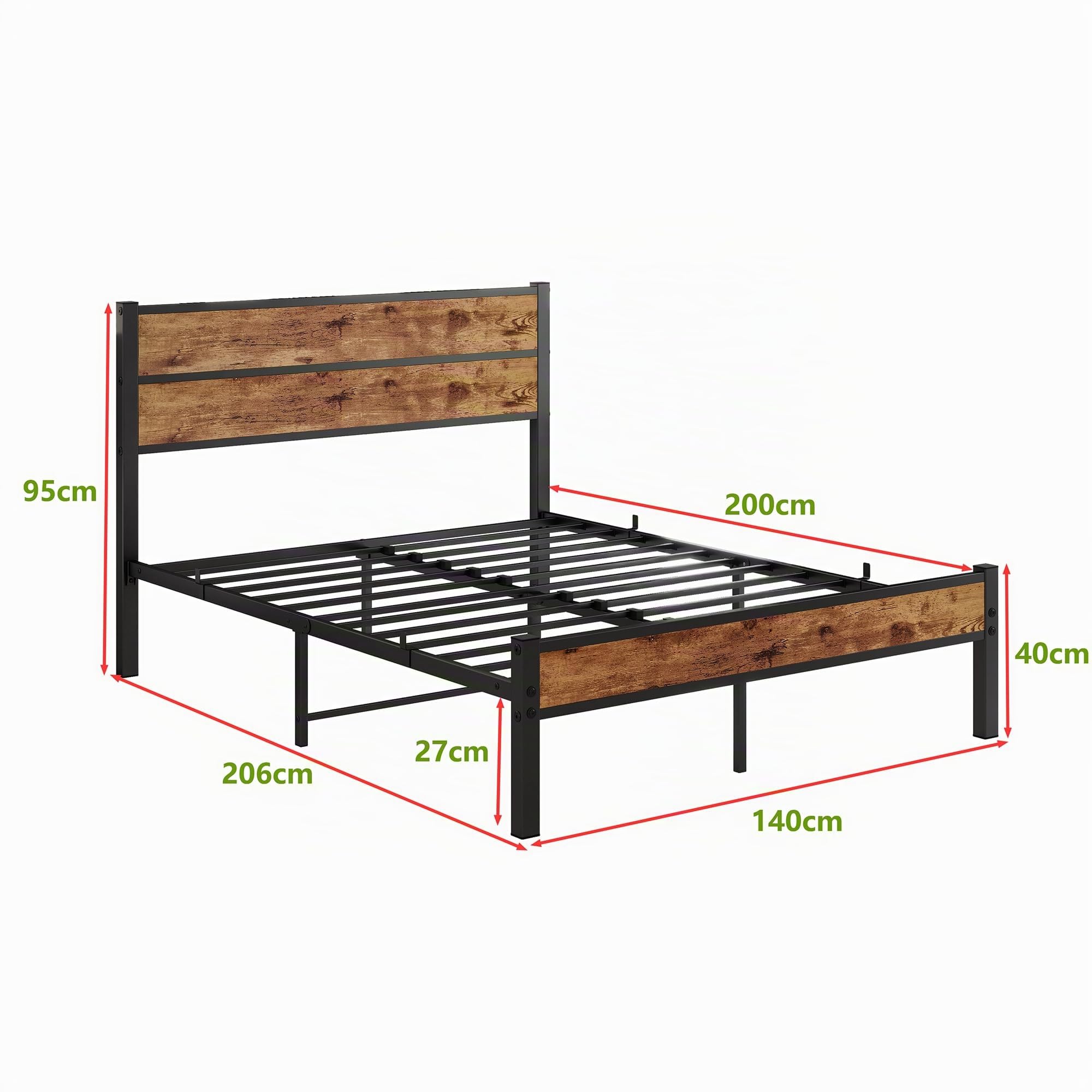 Bett 140x200 mit Metal Lattenrost,Bettgestell Metallbett 140x200 cm mit Holzkopfteil,Einfacher Aufbau Doppelbett Gästebett Jugendbett,Unterbett Stauraum
