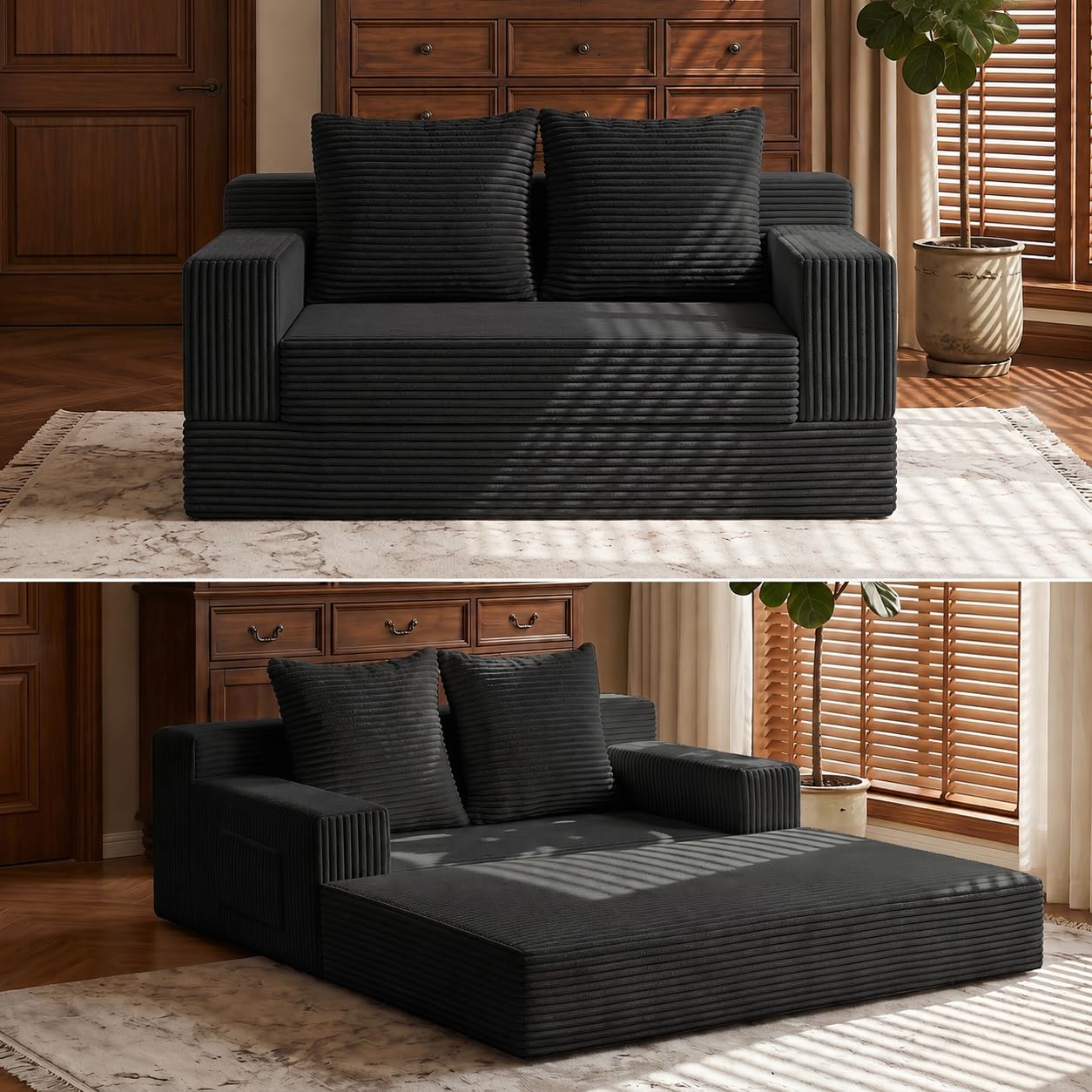 Boneless Loveseat Couch Folding Sofa Bed, Foldable Floor Futon Sleeper Couch Bed - Convertible Sofa Bed, Corduroy Pull Out Sofa Bed with 2 Pillows for Living Room & Bedroom