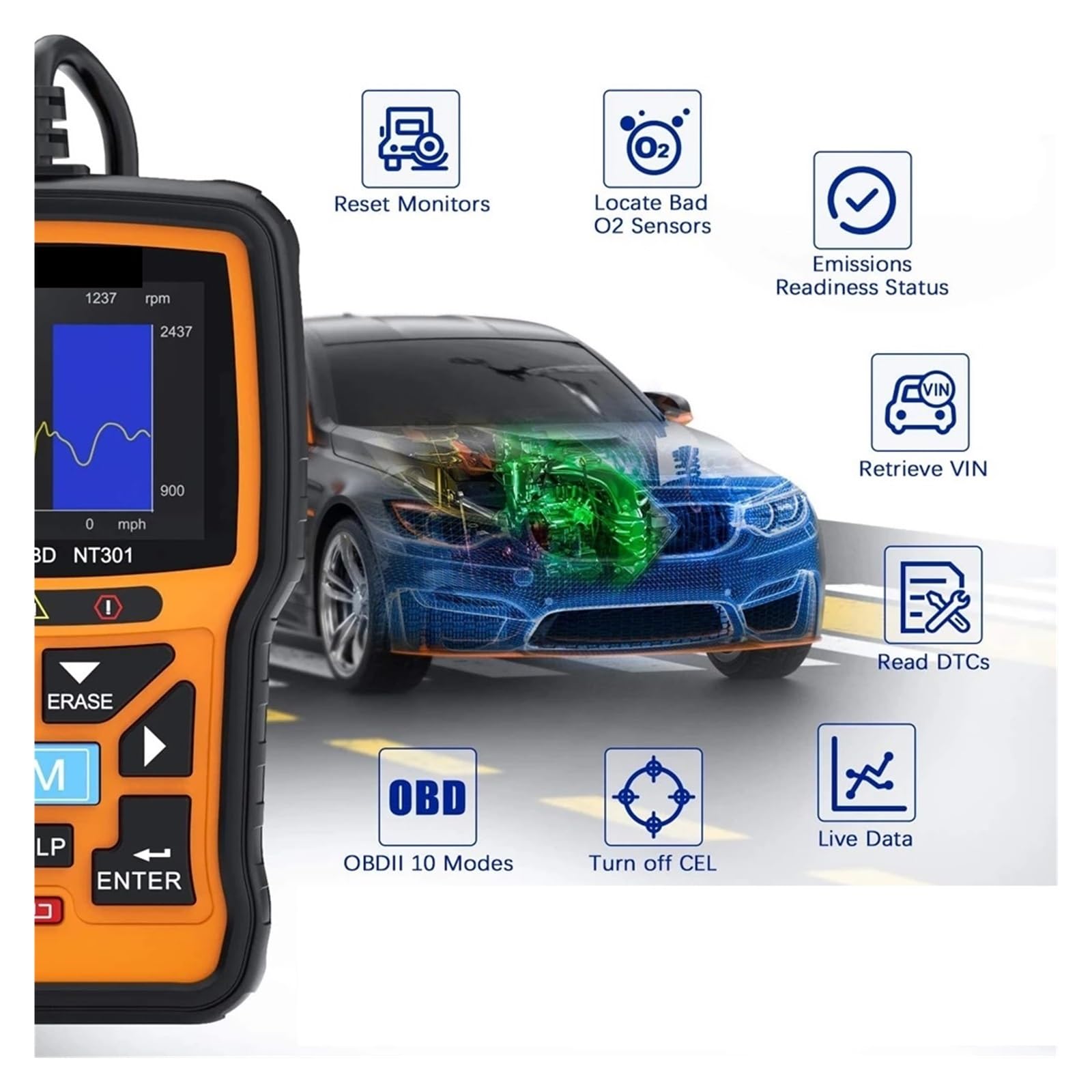 NT301 OBD2 Scanner Check Engine Code Reader Profesjonalny skaner samochodowy ODB2 Narzędzia diagnostyczne samochodów,Przyjazny dla użytkownika