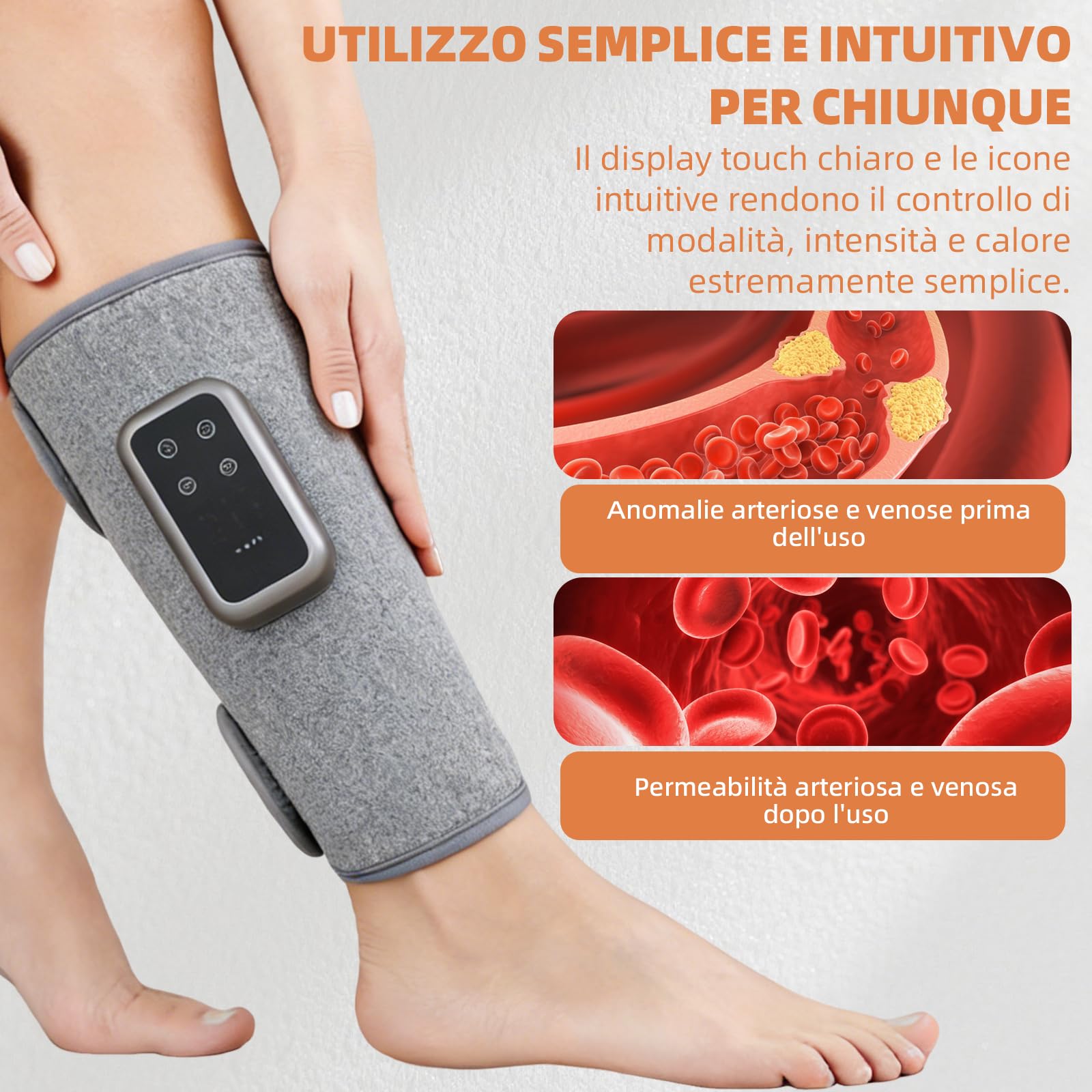 2 Massaggiatori per Polpacci Senza Fili a Compressione d'Aria | Spegnimento auto 20 min, batteria fino 120 min, USB-C, display touch, ampio cerotto termico, per vita, sport & lavoro