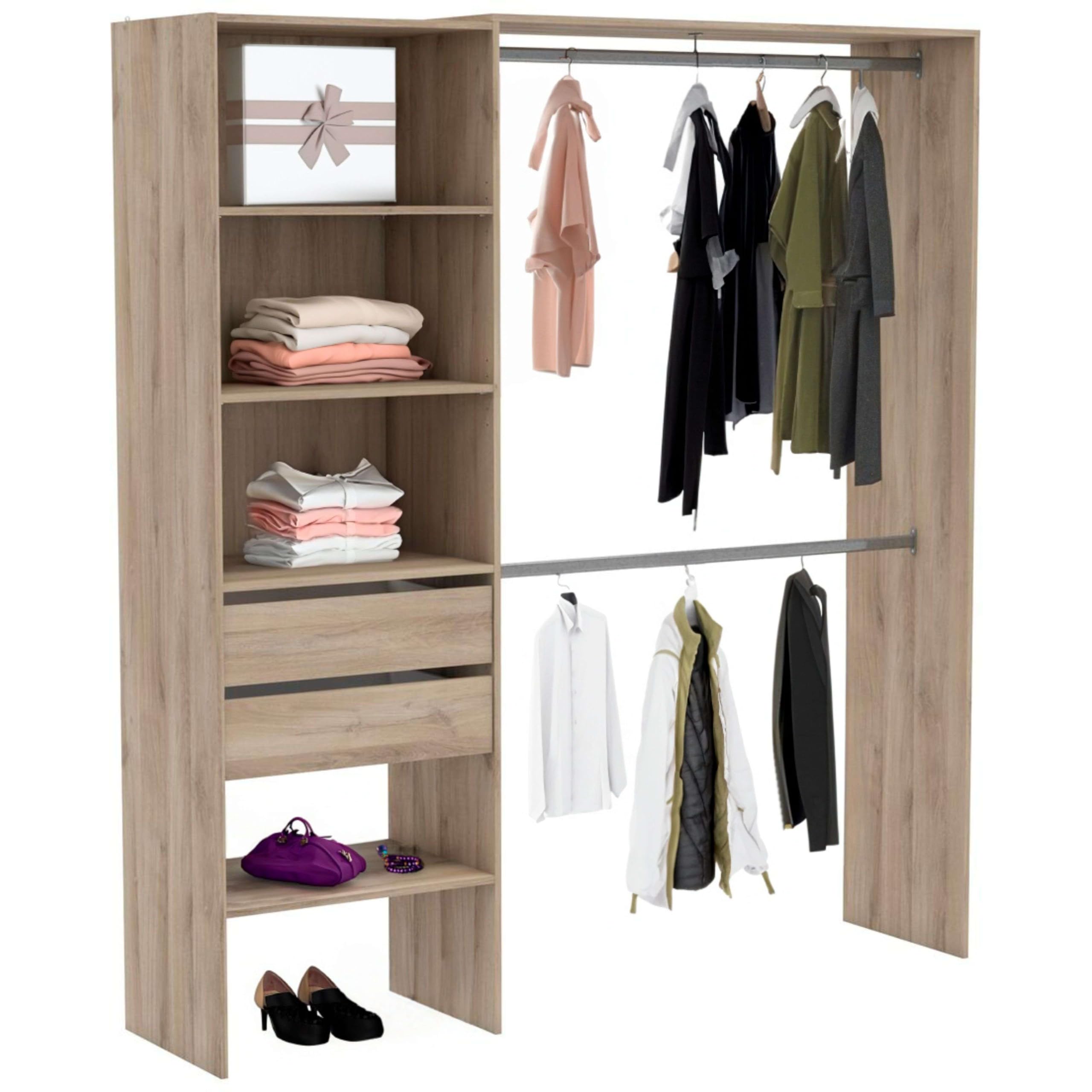 Grand Dressing En Bois Avec 2 Penderies, 2 Tiroirs et 5 Niches – Idéal Pour Chambre Adulte – Coloris Chêne Kronberg - 185 x 205 x 45 cm