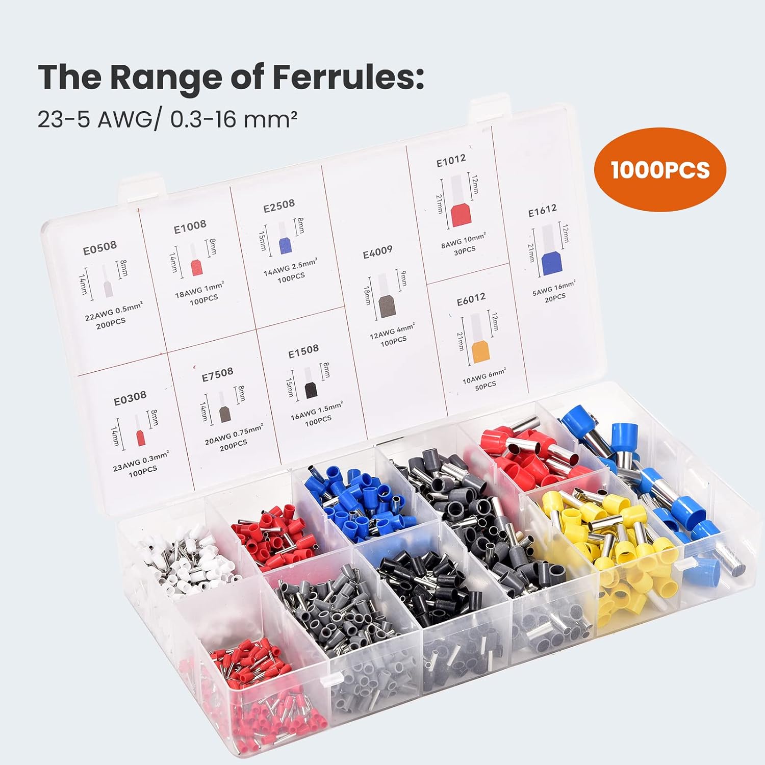 Ferrule Crimping Tool Kit (AWG28-5/0.08-16mm²), Lytool Wire Ferrule Kit with Hexagonal Ferrule Crimper and 1000PCS Ferrule Connectors Wire Ends Terminals