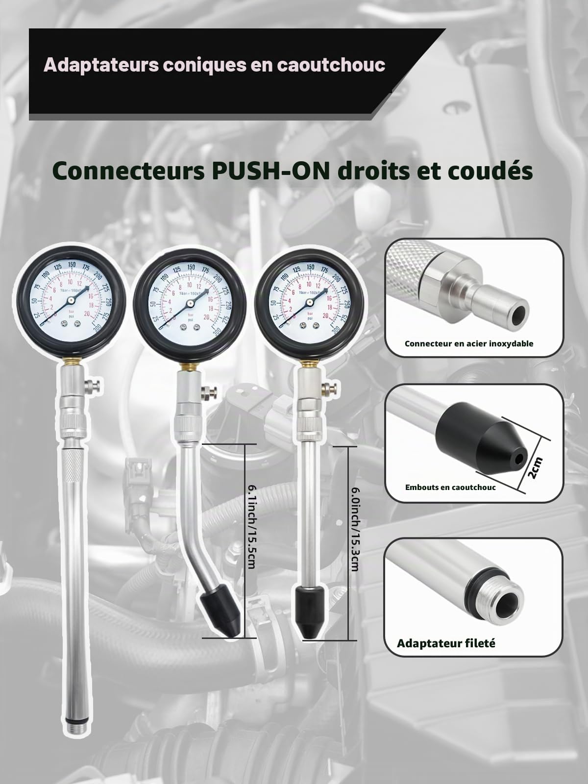 Kit de 11 Testeurs de Compression, Pour Moteur à Essence 0-300 PSI / 0-20 Bar, Testeur de Compression Pour Moteur à Essence de Voiture, Manomètre de Compression