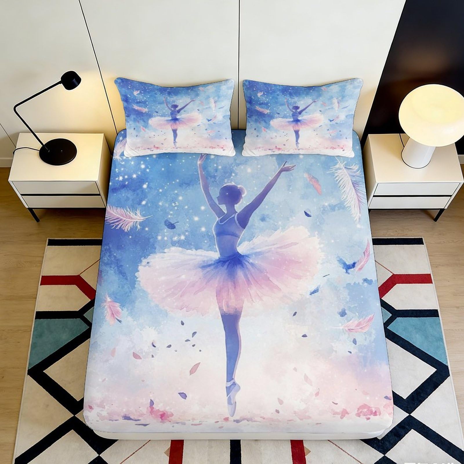 3D Printed Ballerina Ballet Fitted Sheet Microfiber Soft Pink Blue Artistic Mattress Cover for Bedroom Guest Room Decor 90x200x25cm
