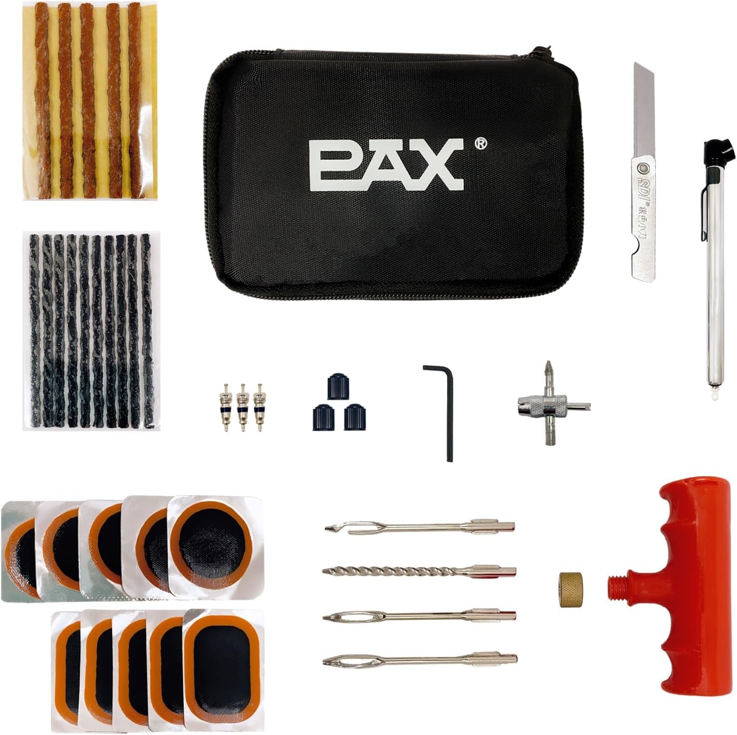 PAX 37Pcs Tire Repair Kit Bag with Replaceable 4-in-1 Uttered Handle Tool, Automotive Tire Plugs Tool, Pencil Tire Pressure Gauge, Tube Patches. Motorcycle, Car, Truck, Lawnmower, Off-Road Vehicle