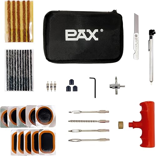PAX Kit de reparación de neumáticos de 37 piezas con herramienta de mango reemplazable 4 en 1, herramienta de tapones de neumáticos automotriz,