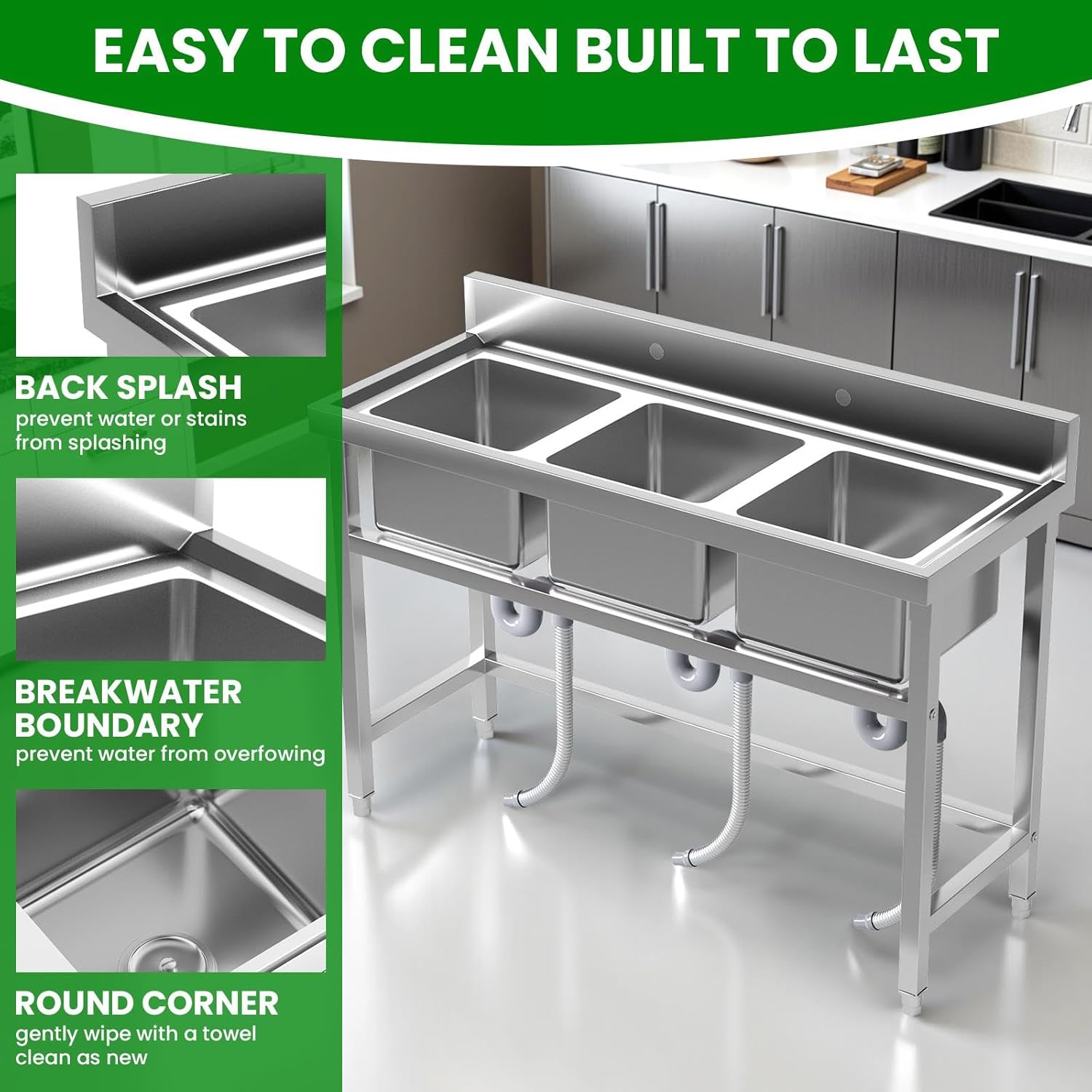 Stainless Steel Utility Sink, 51" Commercial Triple Bowl Sink with Faucet & Cold and Hot Water Pipe for Kitchen, Laundry, Workshop, Garage, Bar (Triple-Trough)