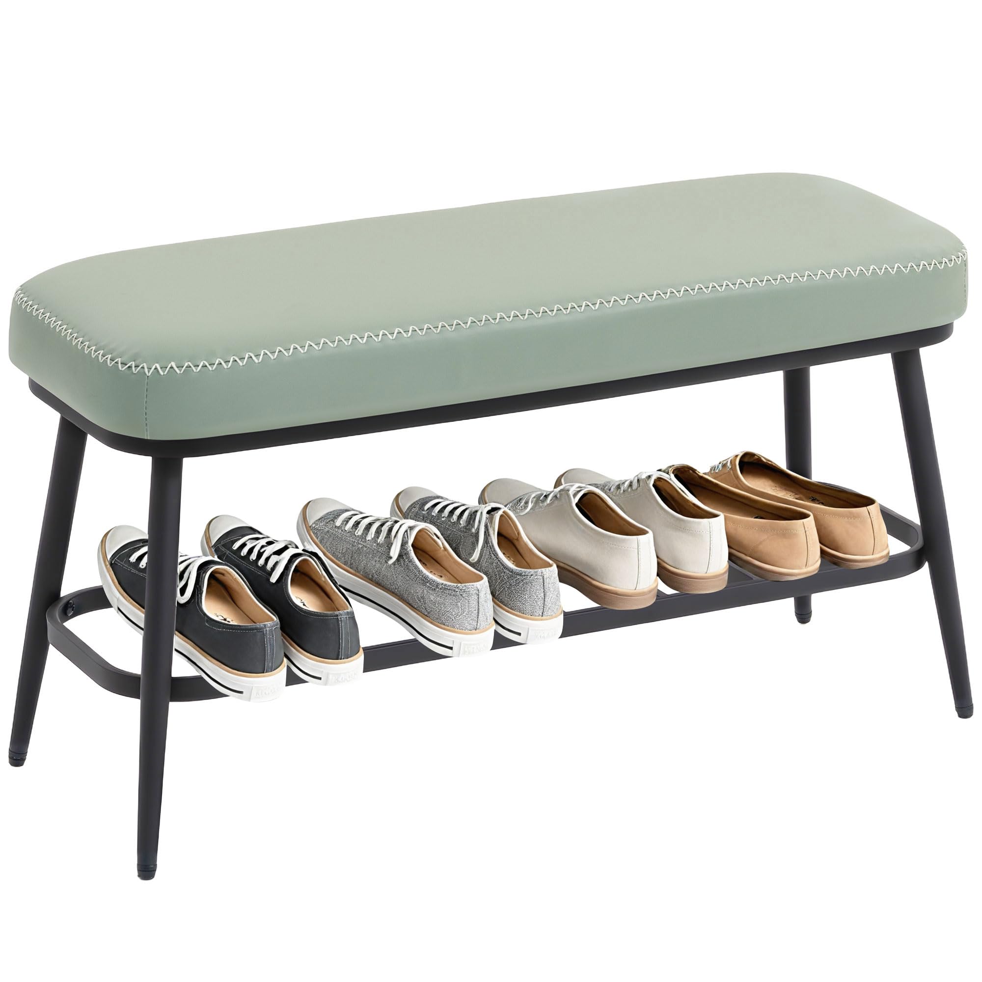 HOMCOM Shoe Bench, PU Leather Shoe Storage Bench with Padded Seat Cushion, Storage Shelf and Metal Frame for Hallway Entryway, Green