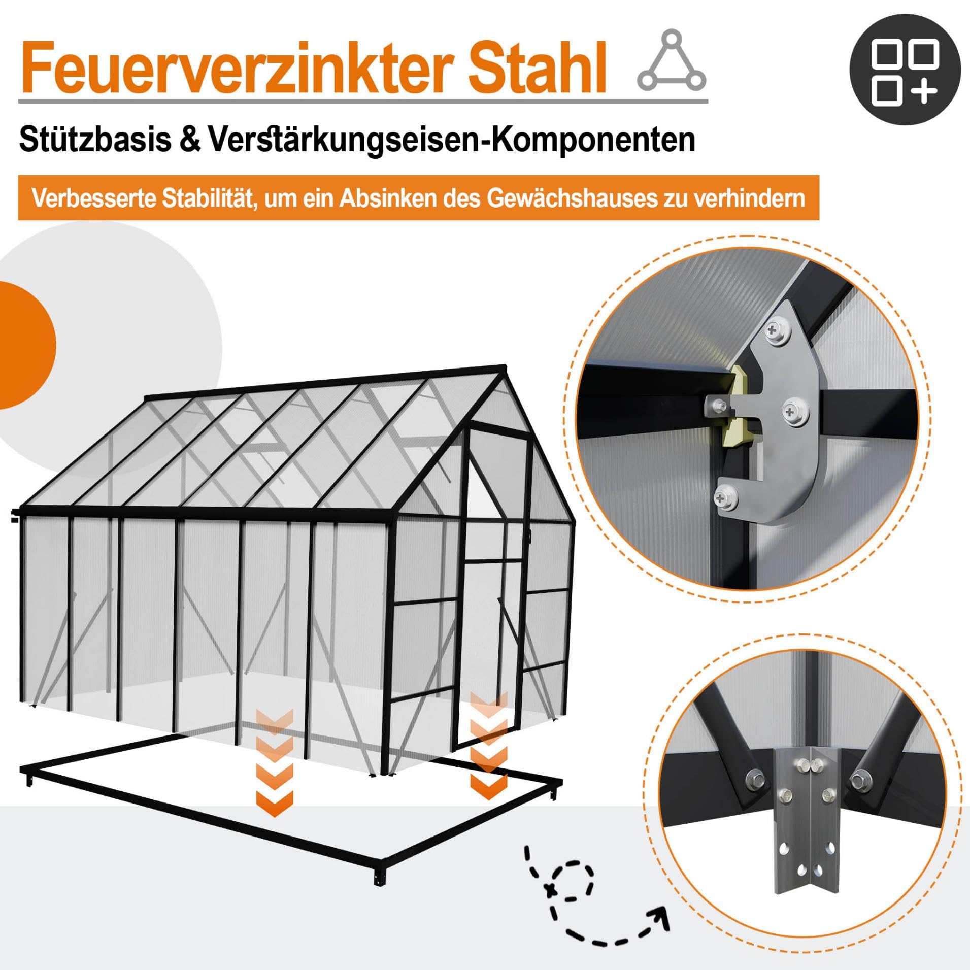YRHome Szklarnia premium z aluminium, 310 x 250 x 205 cm, 7,75 m², szklarnia ogrodowa ze wzmocnionym fundamentem, oknami dachowymi i drzwiami, odporna na warunki atmosferyczne i temperaturę, na