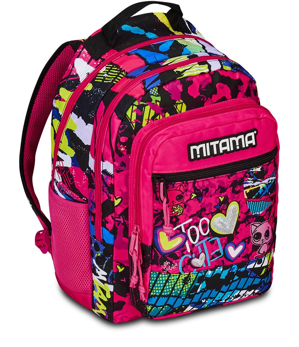 Mitama Zaino Triplo Scomparto Too Cute con Tasca frontale, Rosa e Nero, Scuola Elementare e Tempo Libero, Bambina Ragazza