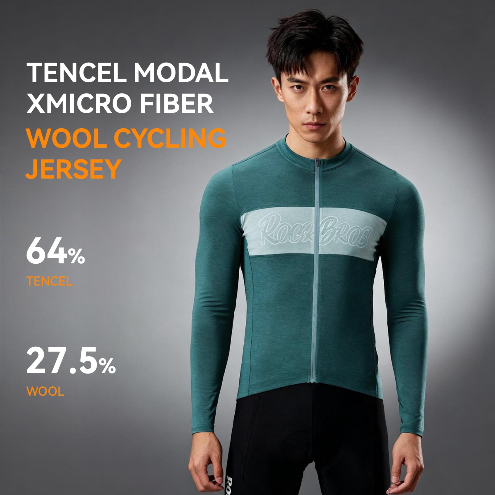 ROCKBROS Winter-Radtrikot für Herren, langärmelig, Thermo-Tencel & Merinowolle, Fahrradtrikot mit 3 Taschen, weich und atmungsaktiv