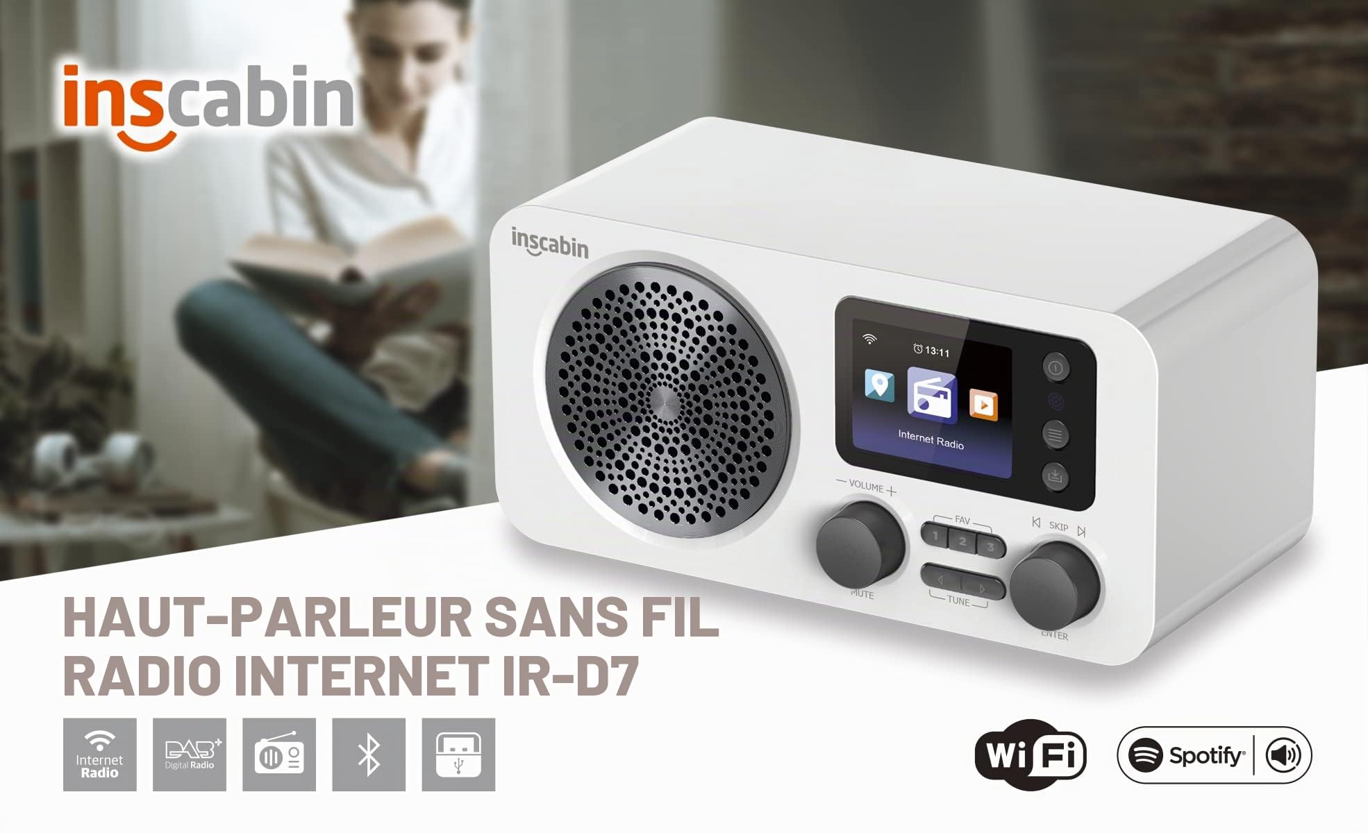 Radio numérique Internet Dab/Dab+ Inscabin D7, Radio Internet/Radio numérique avec Spotify Connect et Bluetooth (D7-WT)