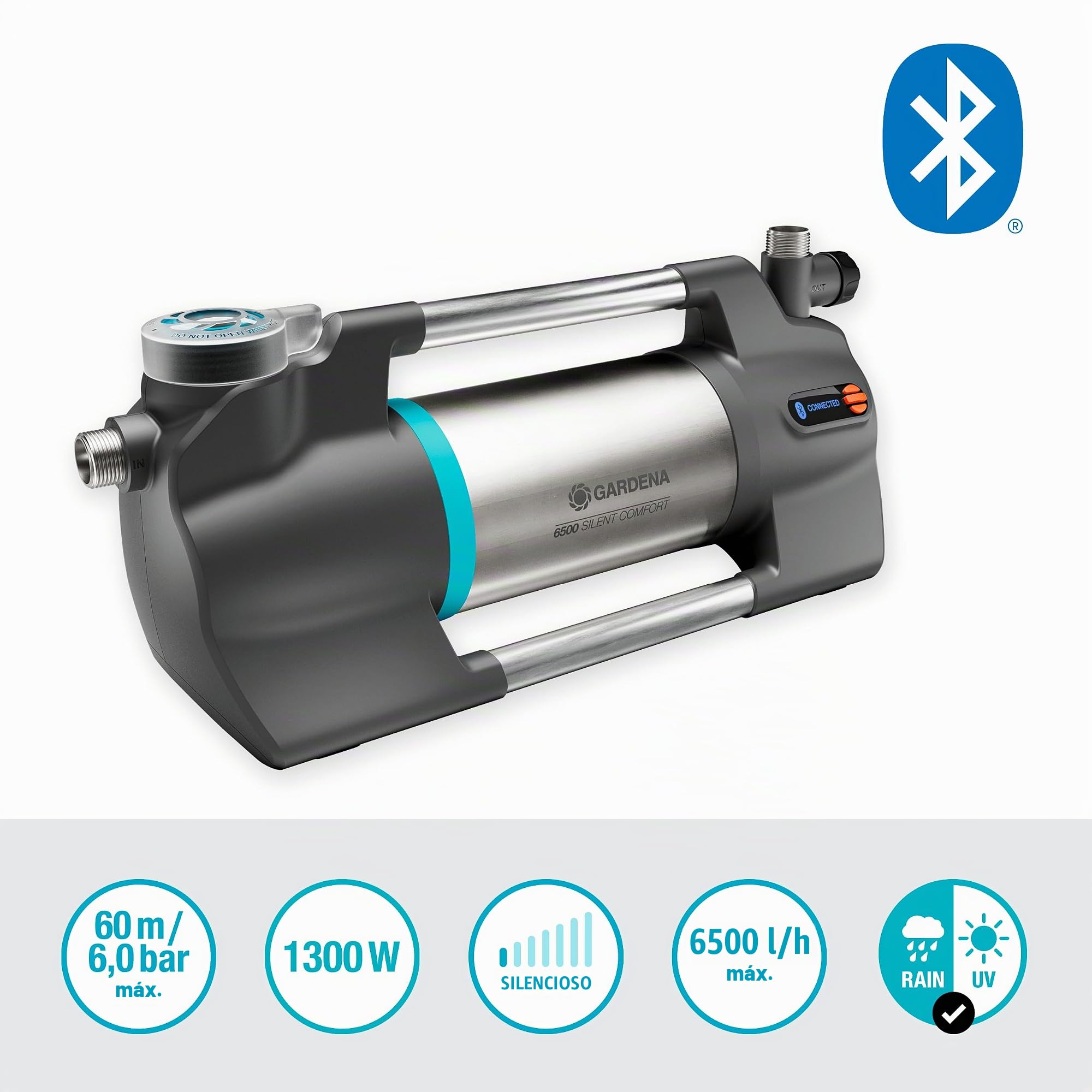 Gardena bomba de jardín 6500 SilentComfort: Bomba de riego extrasilenciosa accionada por app, caudal de 6500 l/h, seguro contra func. seco, acero inoxidable, bajo consumo e impermeable (9059-20)