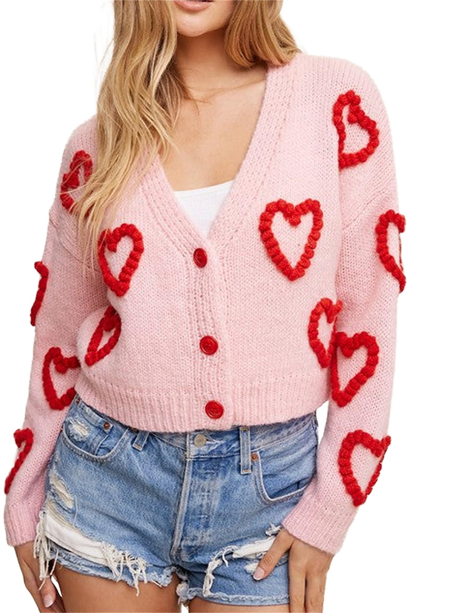 Cute Heart Cardigan for Women Loose Long Sleeve Button Down Knit Sweater Valentines Day Going Out Coat