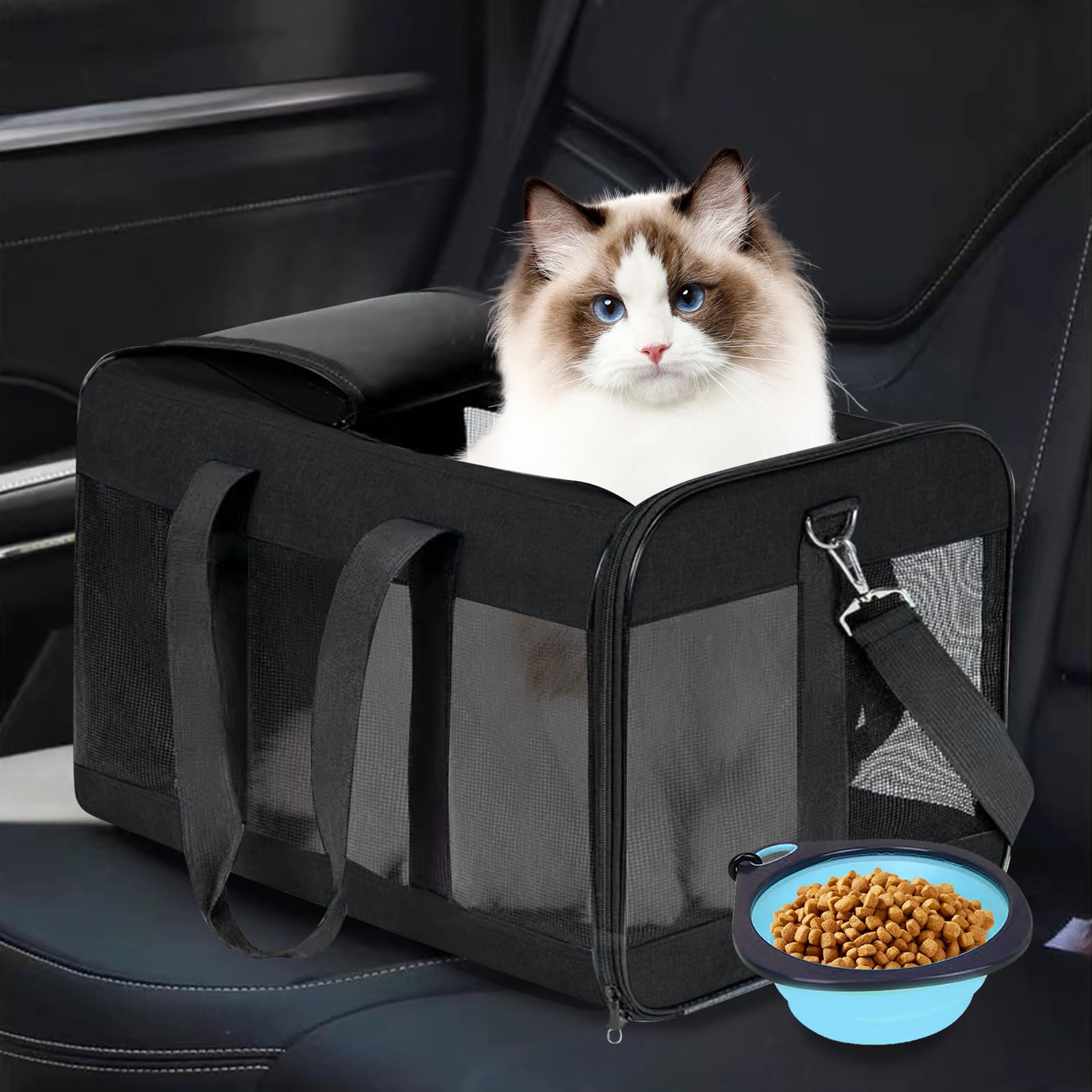 Sac de transport MEYAGOT pour chat et chien, pliable, respirant, avec gamelle, pour voyage, visites vétérinaires et sécurité temporaire, en tissu Oxford beige, jusqu'à 9 kg