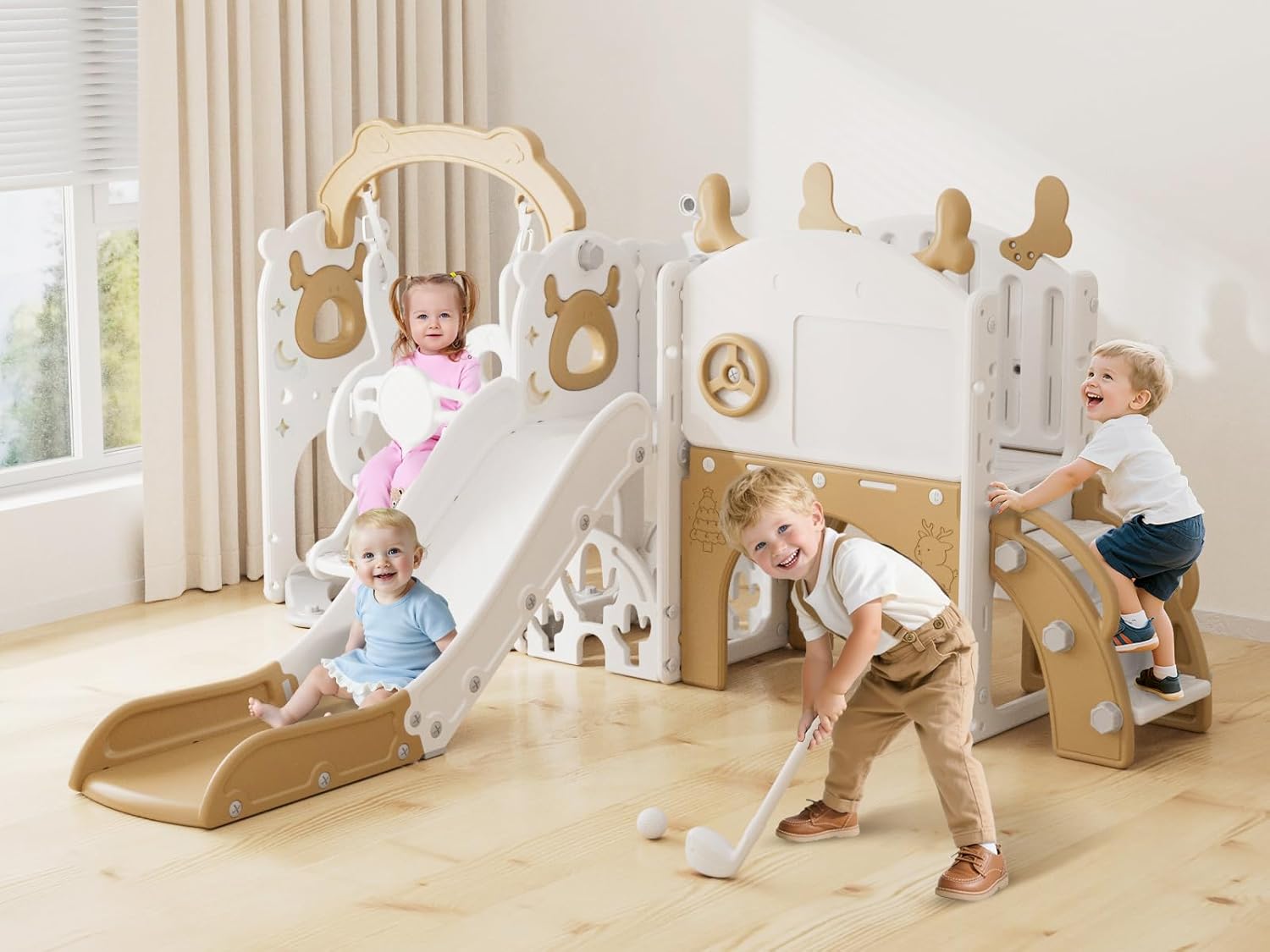 YUFU 13 in 1 Toddler Slide and Swing Set, Kids Slide for Toddlers Age 1-3, Toddler Playset with Golf Set, Basketball Hoop and Drawing Board, Outdoor Indoor Playground (Brown)