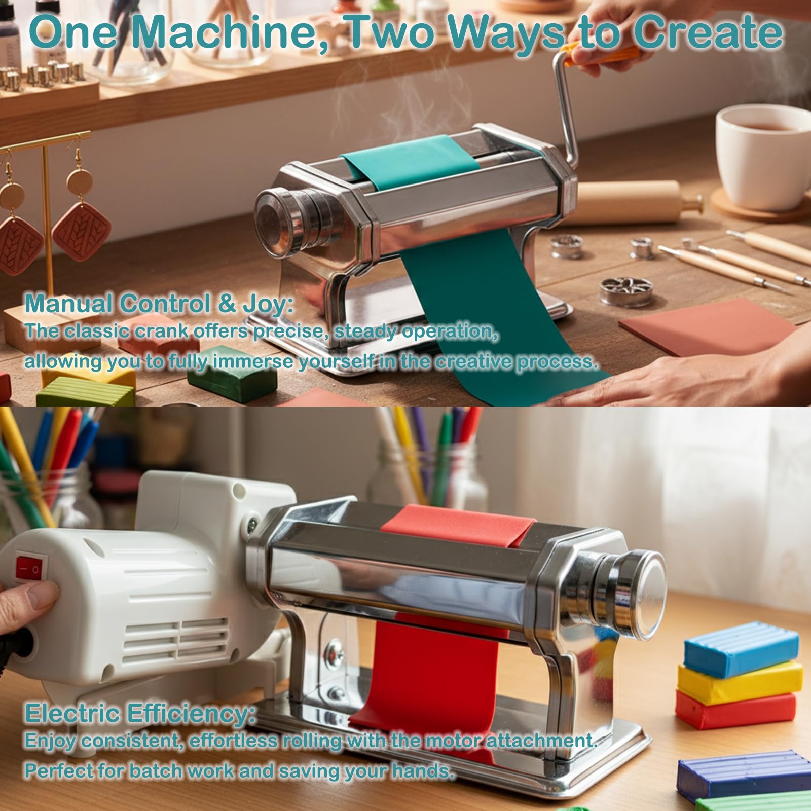 Elektrische Polymer Clay Roller Maschine, Dual Mode Clay Press Machine mit 6 Dickeneinstellungen, 60W Motor, Enthält 8 Prägewerkzeuge & Tonwerkzeuge für Polymer Clay Ohrringherstellung