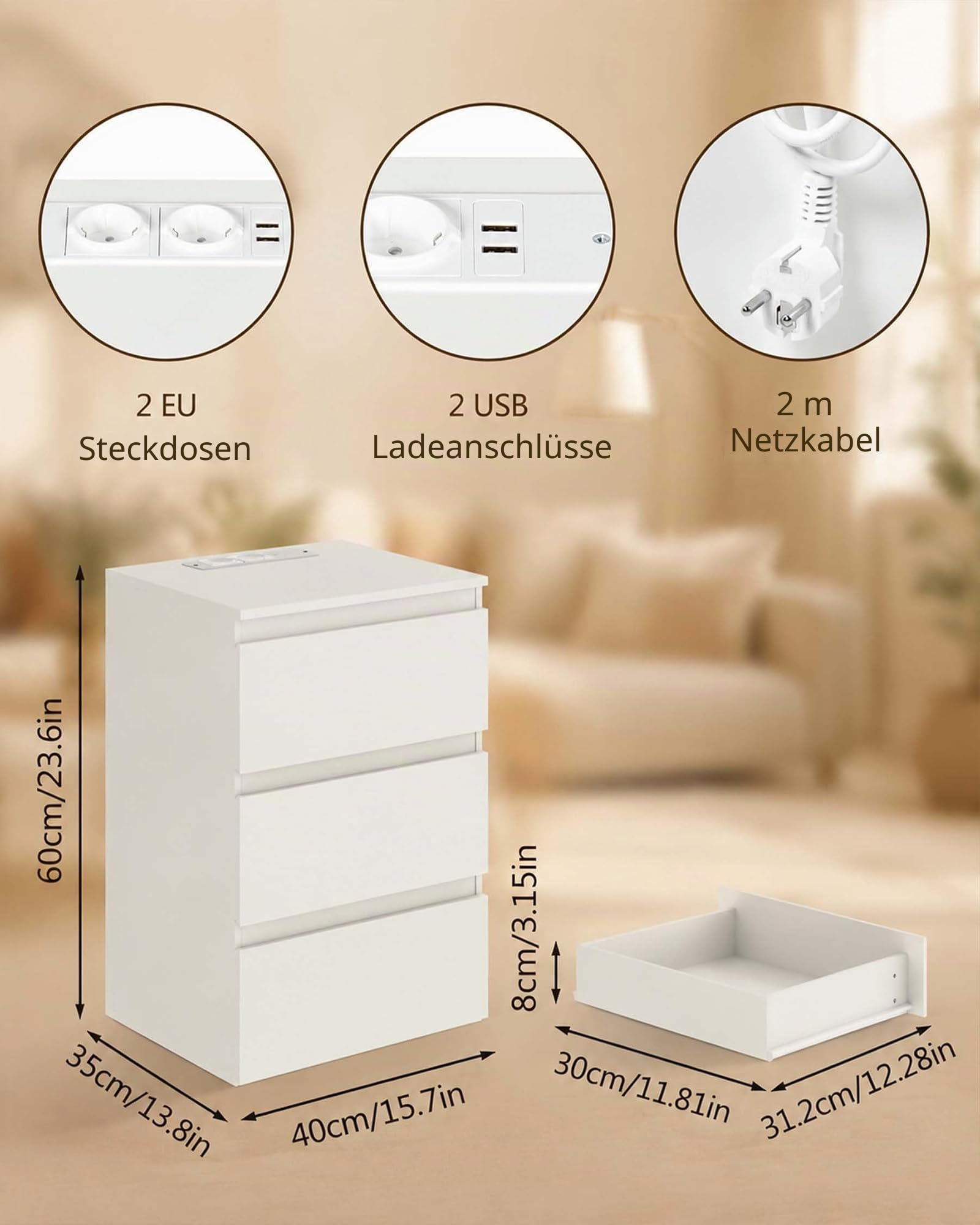 Nachttisch mit Steckdose Weiß Nachtschrank 3 Schubladen 40x35x60 cm