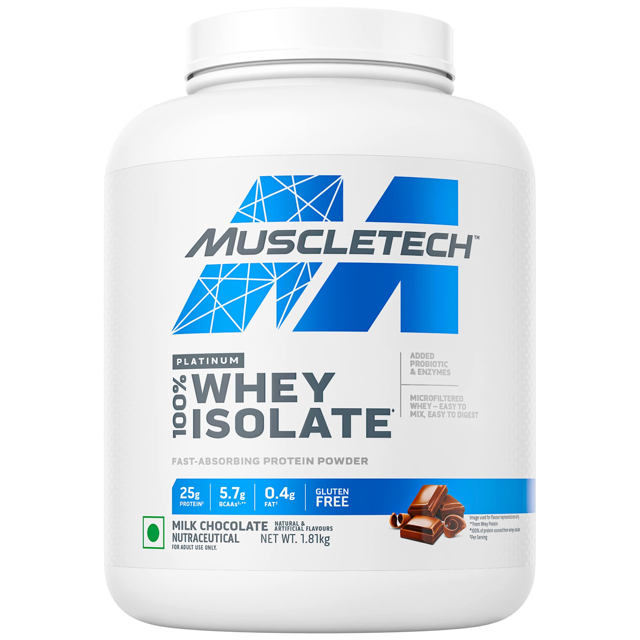 Platinum 100% Whey Isolate, Protein Powder for Muscle Gain, 25g Protein + 5.7g BCAA, Milk Chocolate, 4lb, 1.8kg