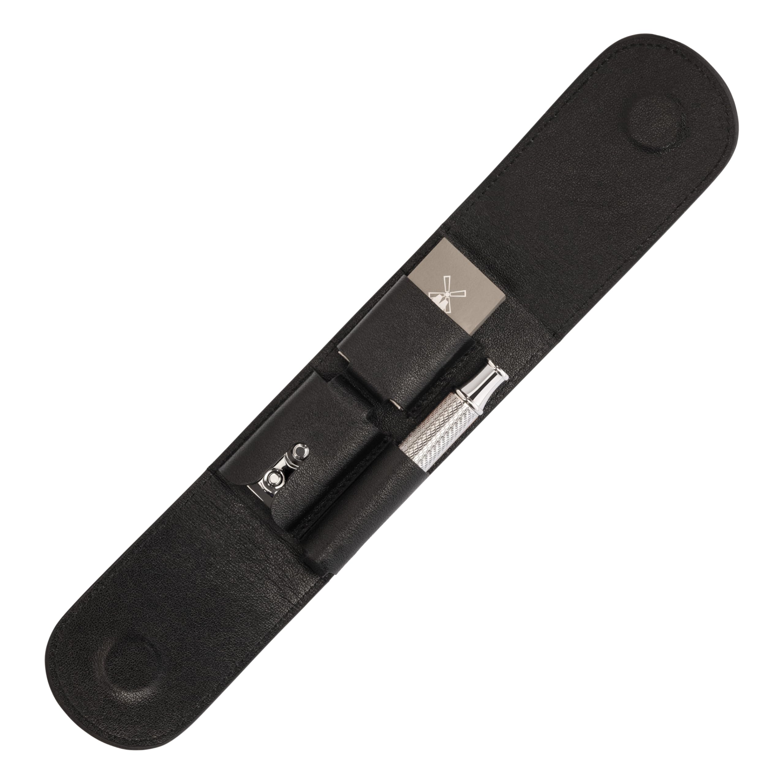MÜHLE Travel Leder Reisetasche - Reiseetui aus Echtleder schwarz, Rasierhobel R 89 mit geschlossenem Kamm und 10 Klingen