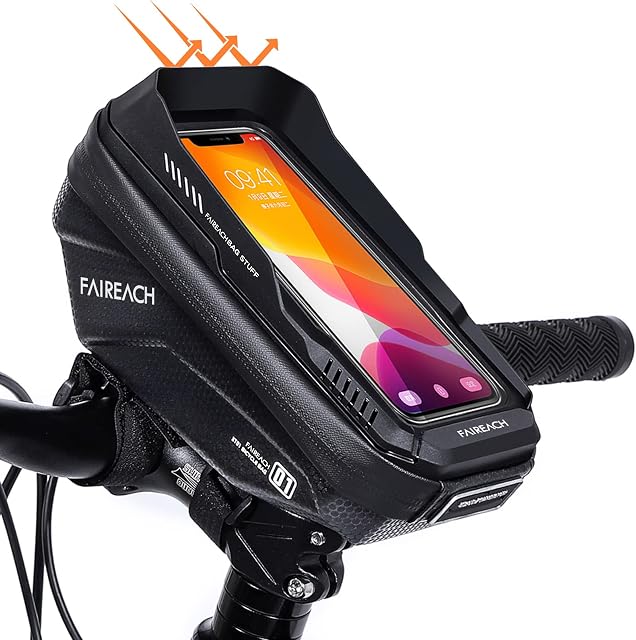 FAIREACH Bike Frame Bag with 3D Sun Visor, Large Capacity Bike Phone Holder Waterproof Handlebar Bag Eva Bike Phone Case Mount TPU Touch Screen and Rain Cover for Smart Phones 6.7''