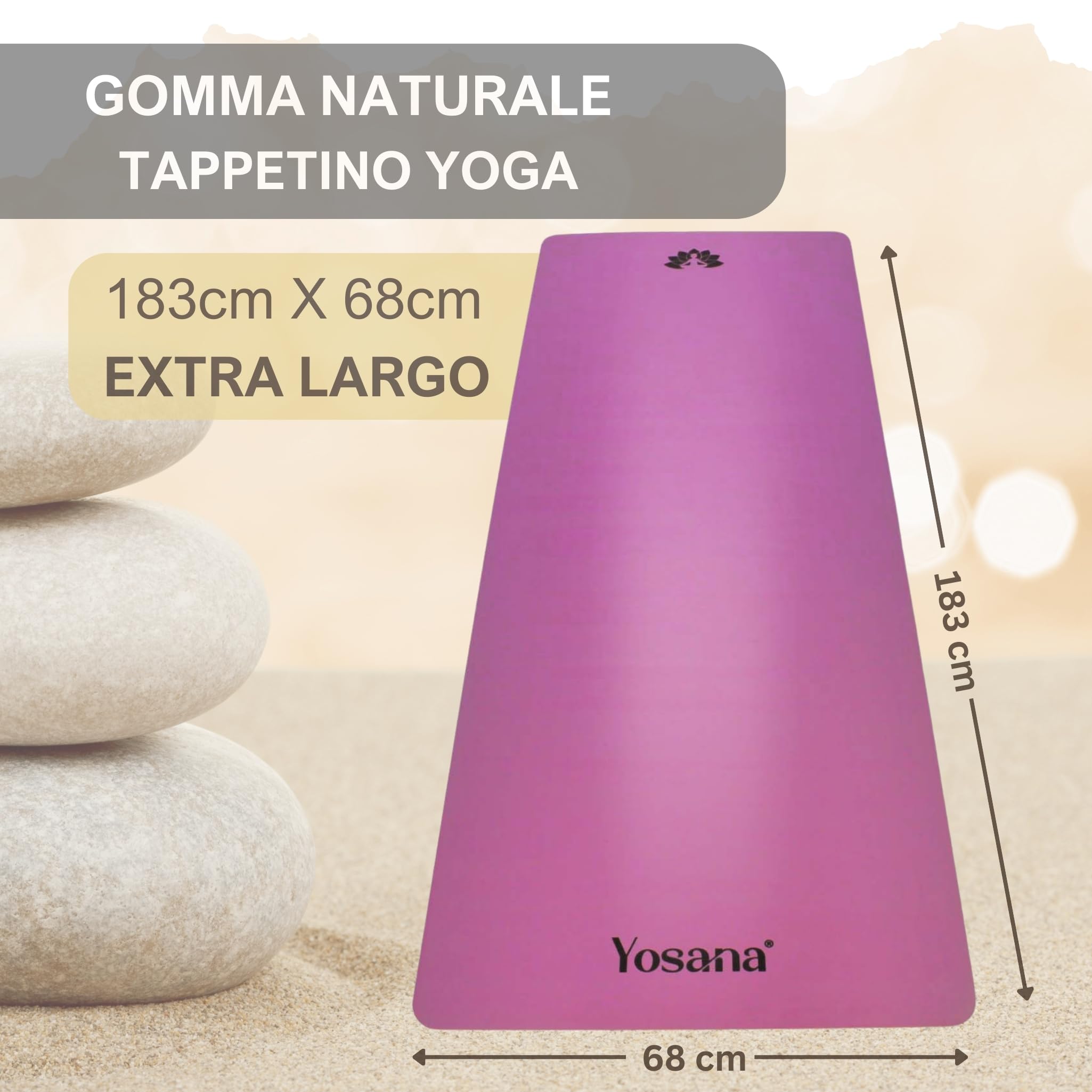 Tappetino da yoga in gomma naturale | estremamente antiscivolo con superficie ULTRA GRIP | extra largo 68cm | 183x68cm | 4mm sottile | cinghia inclusa