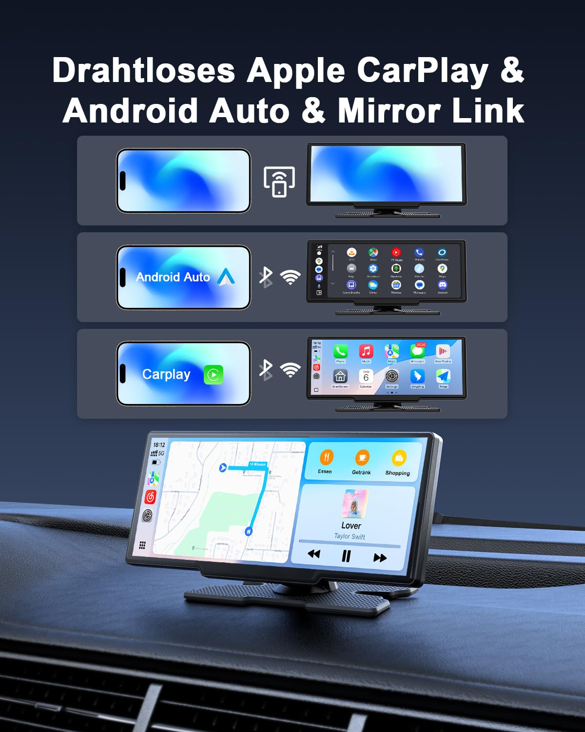 Avylet 8,1" Wireless Carplay Display für Android Auto&Apple Carplay, Tragbares IPS Bildschirm mit IP67 Rückfahrkamera, OTA-Updates, GPS, Mirror Link, Bluetooth 5.0, FM/AUX, Plug & Play für PKW LKW SUV