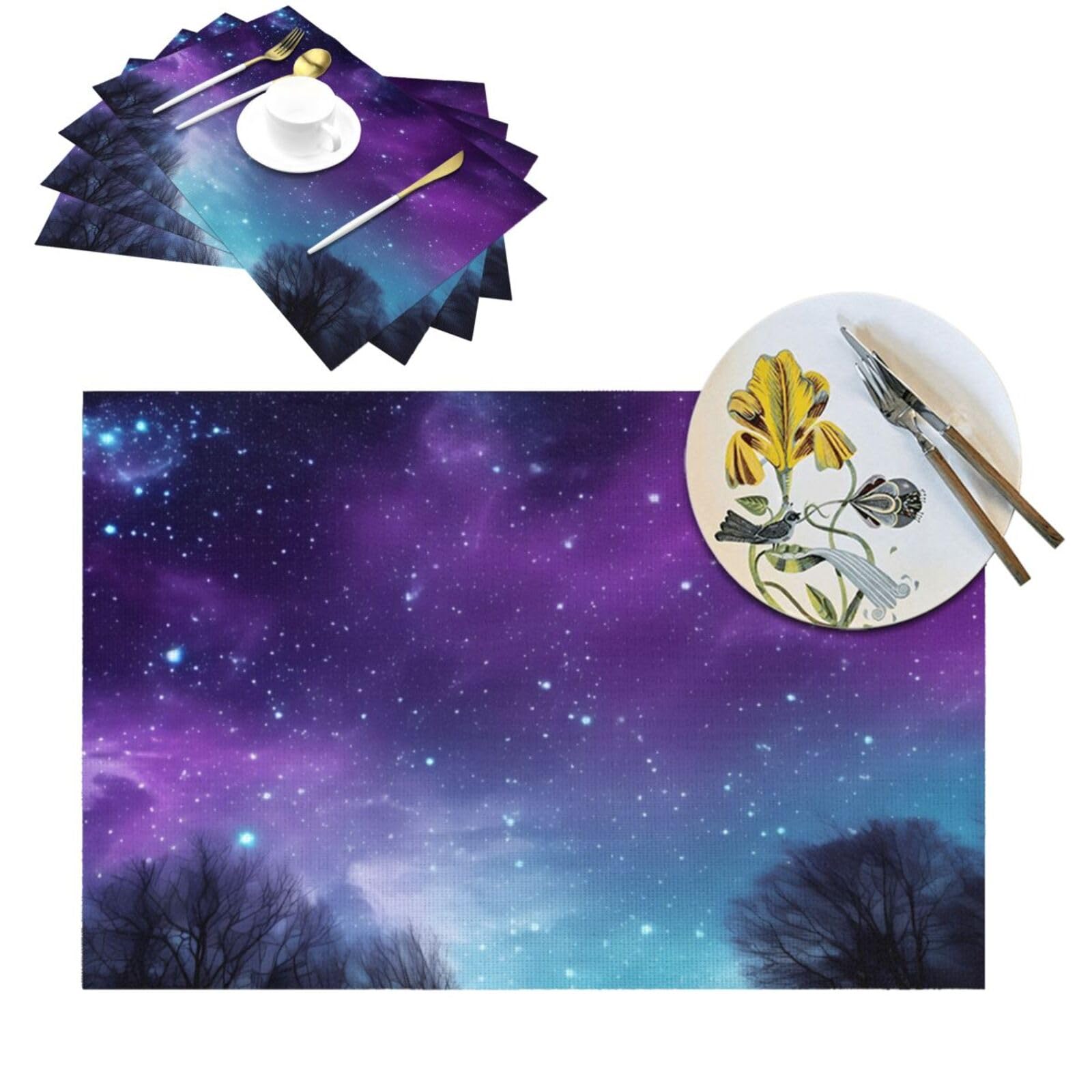 Set de table en PVC résistant à la chaleur ciel étoilé violet pour cuisine x6