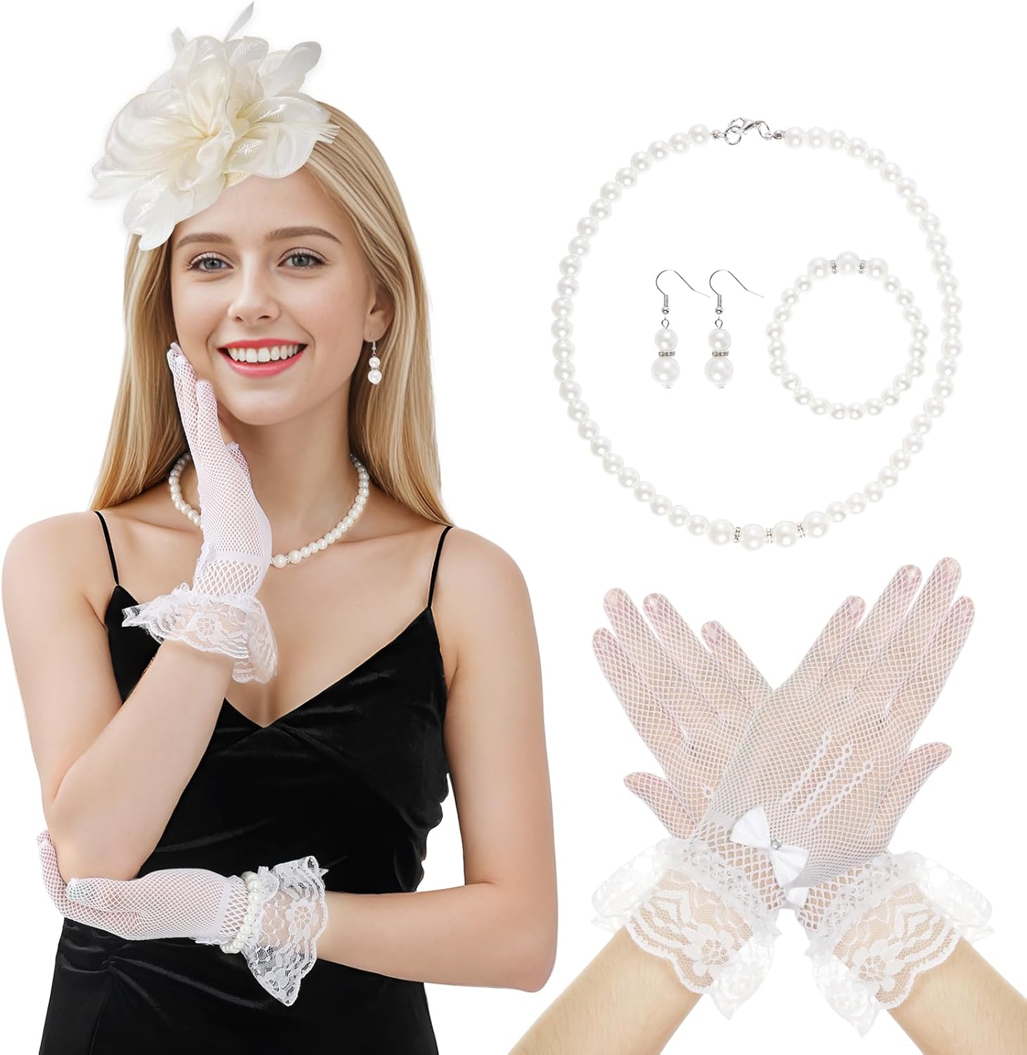 Tea Party Hat Fascinators Headband and Gloves Pearl Set for Women Tea Party Halloween Cocktail Wedding - Image 6