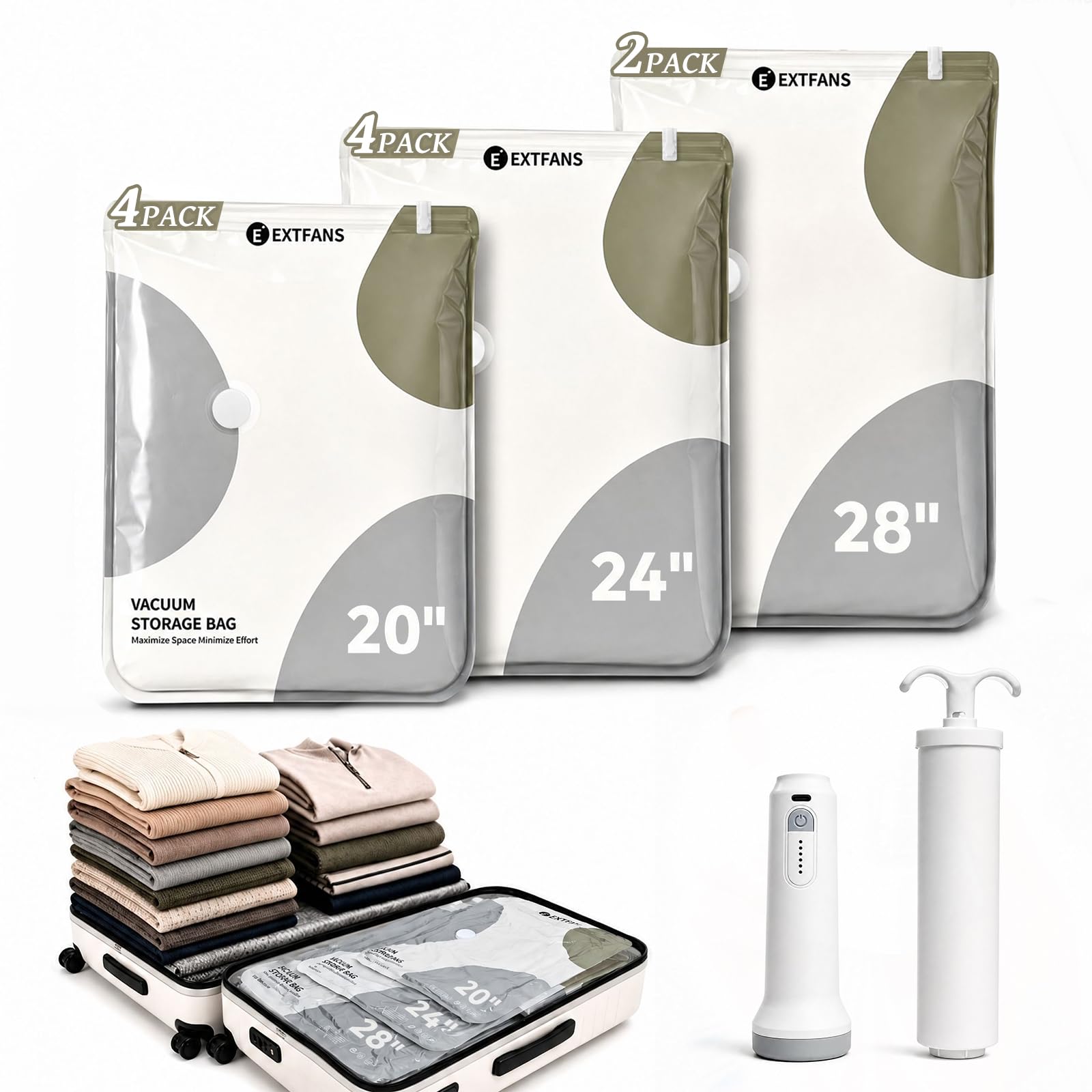 EXTFANS Travel Vacuum Bags with 5000Pa Electric Pump and Hand Pump, 10 Pack Reusable Vacuum Storage Bags with Double Zip Seal, Vacuum Pack Bags for Clothes, Duvets, Luggage and Home