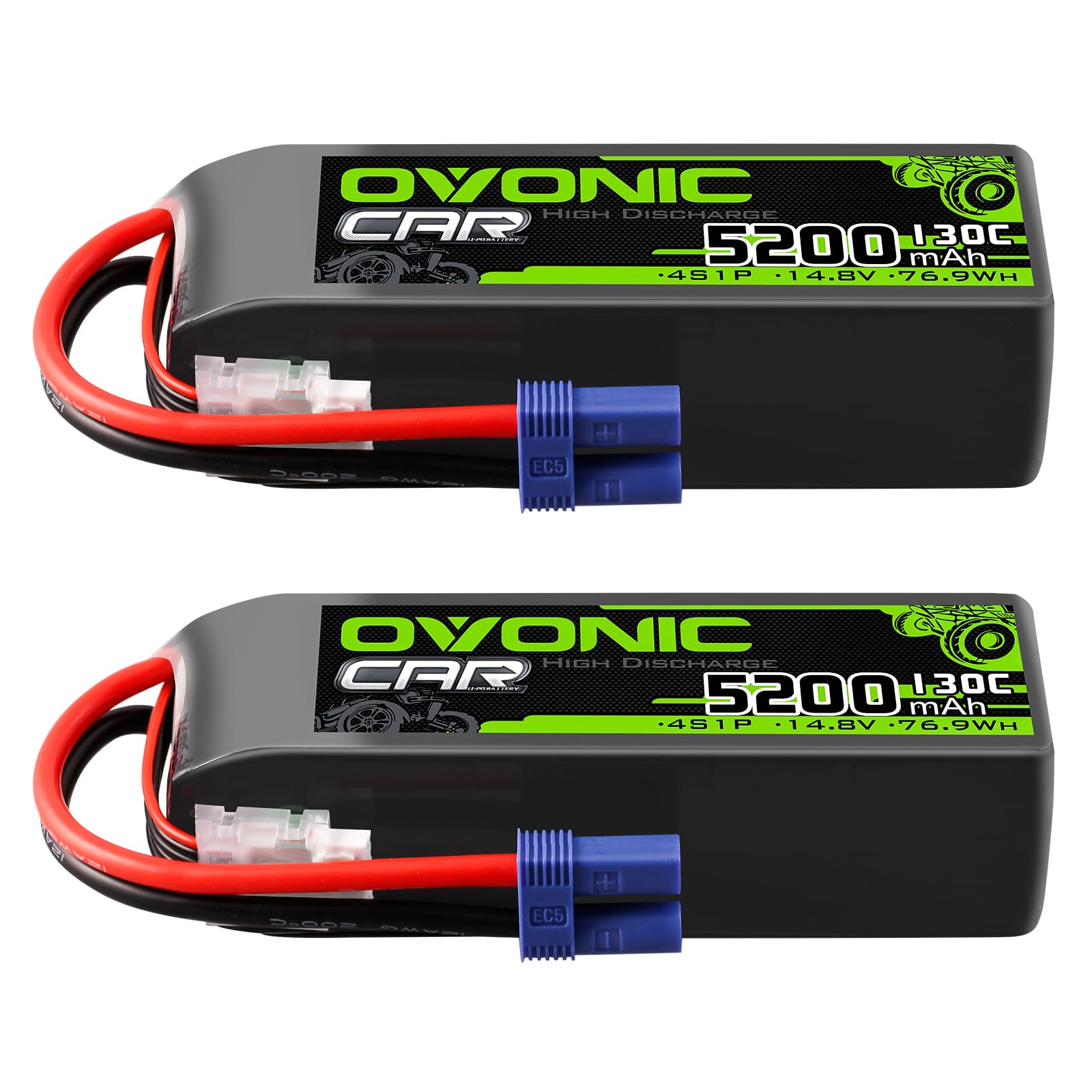 OVONIC Batteria Lipo da 4 s, 14,8 V, 5200 mAh, 130 C, con spina EC5, per auto RC, Truggy, quadricottero, elicottero, camion, barca, aereo (2 pezzi)