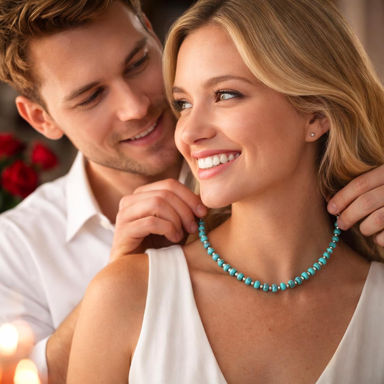 Sheplus Valentines Day Gift - 925 Sterling Silver Genuine Turquoise Beaded Choker Necklace Real Western Jewelry for Anniversary Wife - Image 4