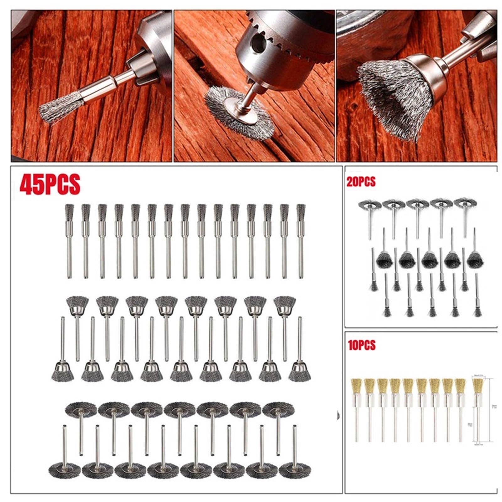 Szczotki metalowe, tarcze miseczkowe, Zestaw szczotek drucianych stalowych 10-45 szt. Ścierne koło garnkowe z chwytem 2,35/3 mm do polerowania wiertłem(45PCS-Silver)