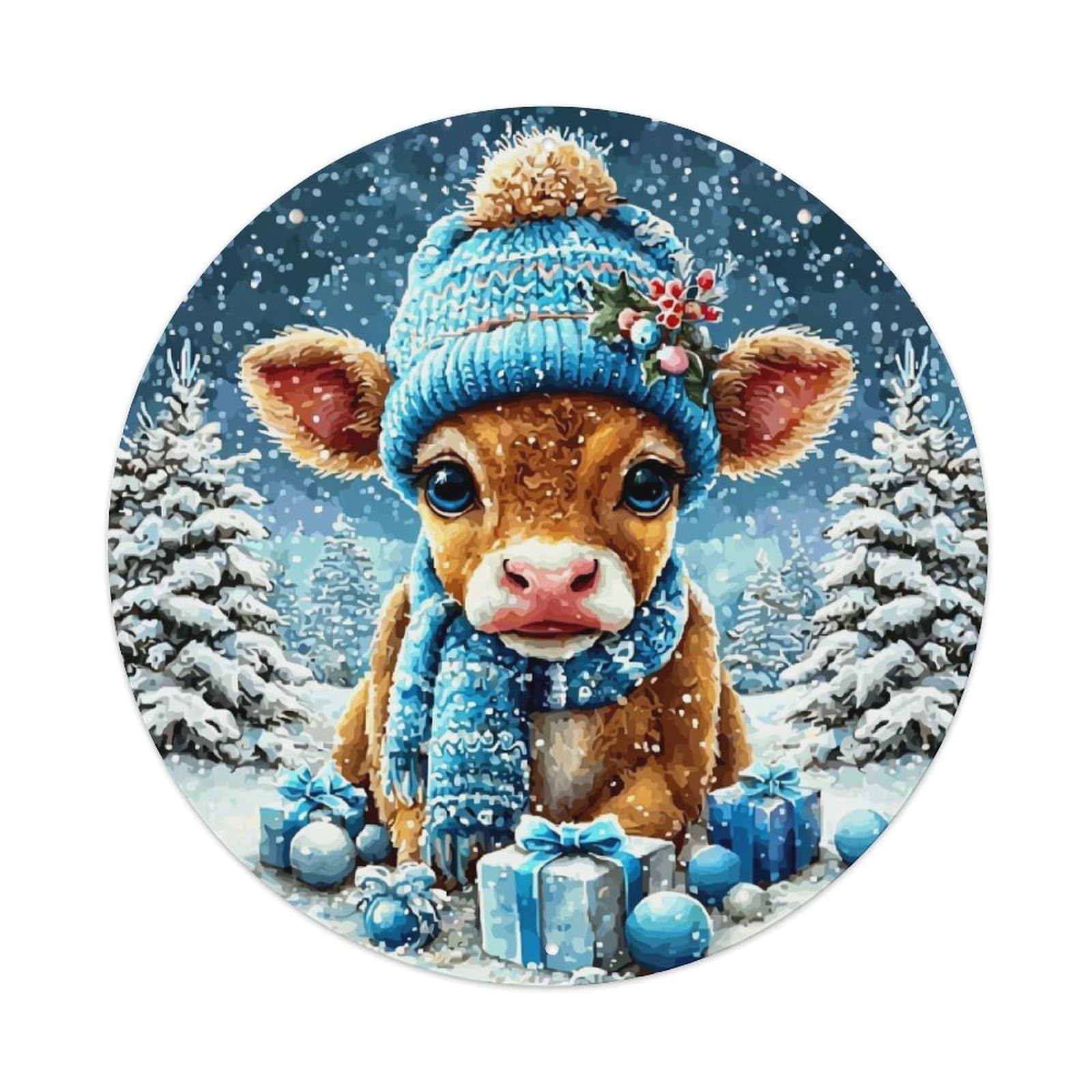 Winter Cow Hat Scarf Snow Retro Metal Sign Round Tin Sign, Vintage Decor Art Poster for Bar, Home, Man Cave, Kitchen, Laundry Room Gift 8x8Inch