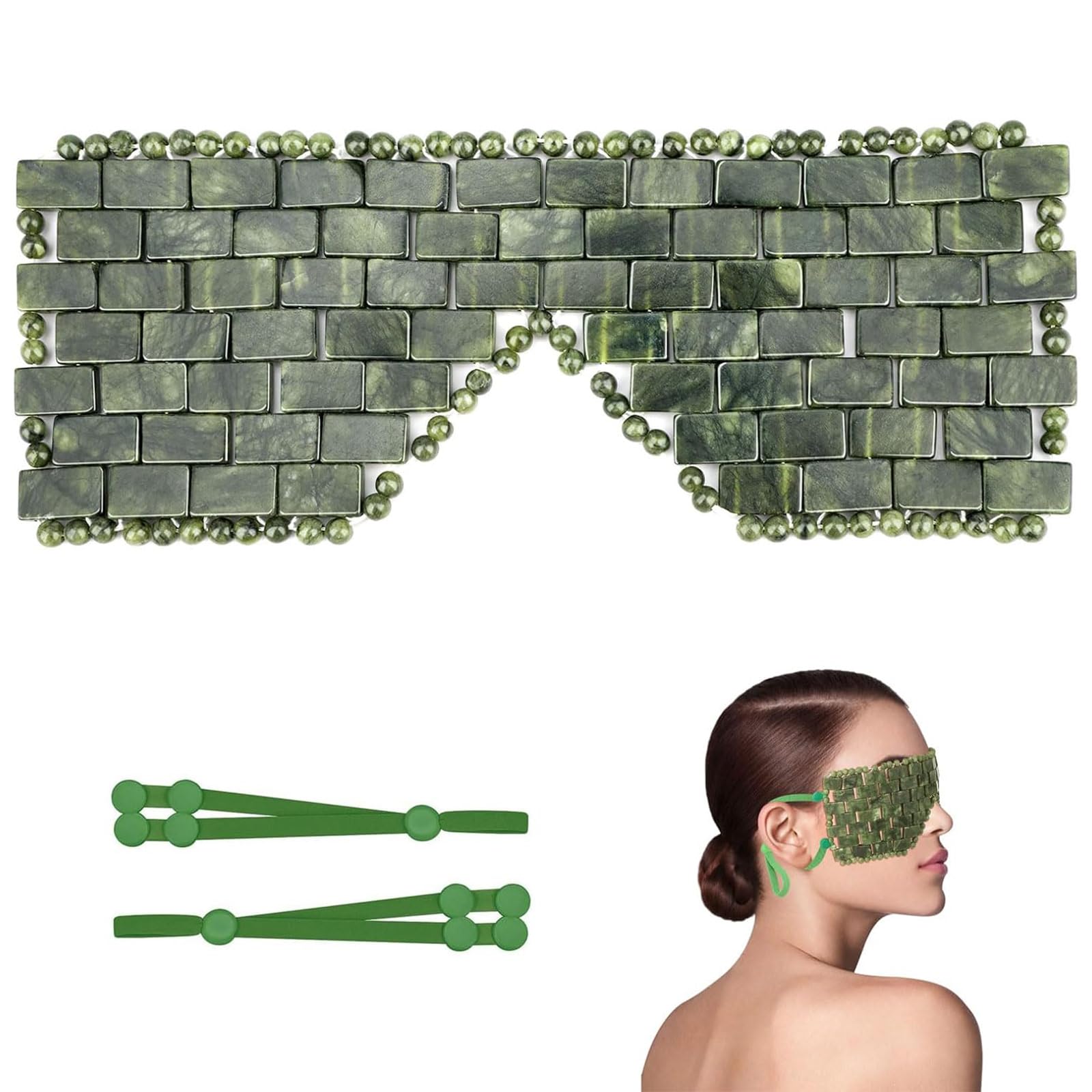 gemshan Maschera per occhi in giada con cinturino regolabile per le orecchie, 100% vera gemma naturale, maschera facciale riutilizzabile in giada per alleviare il gonfiore, impacco caldo freddo per