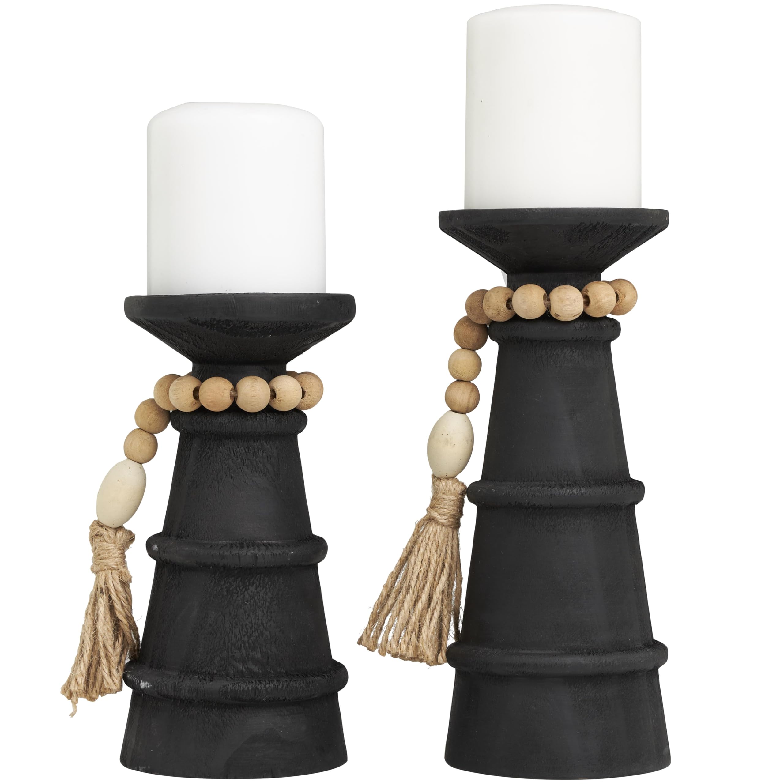 Deco 79 Wood Handmade Textured Matte Candle Holder with Beaded Garland Accent, Set of 2 10", 8" H, Black
