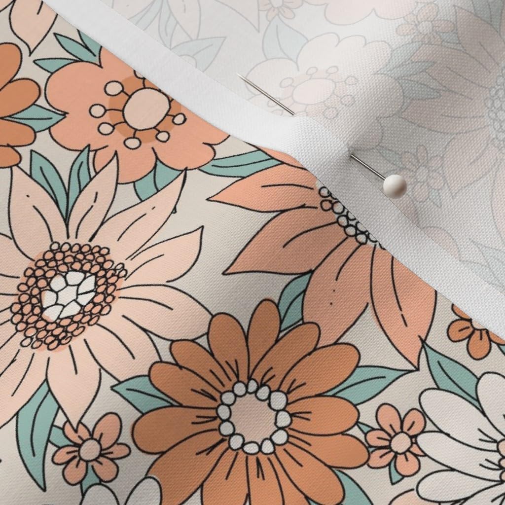 Spoonflower Fabric - Retro Peach Floral 70S Boho Groovy Botanical Flowers Cottagecore Printed on Petal Cotton Fabric Fat Quarter - Sewing Quilting Apparel Crafts Decor