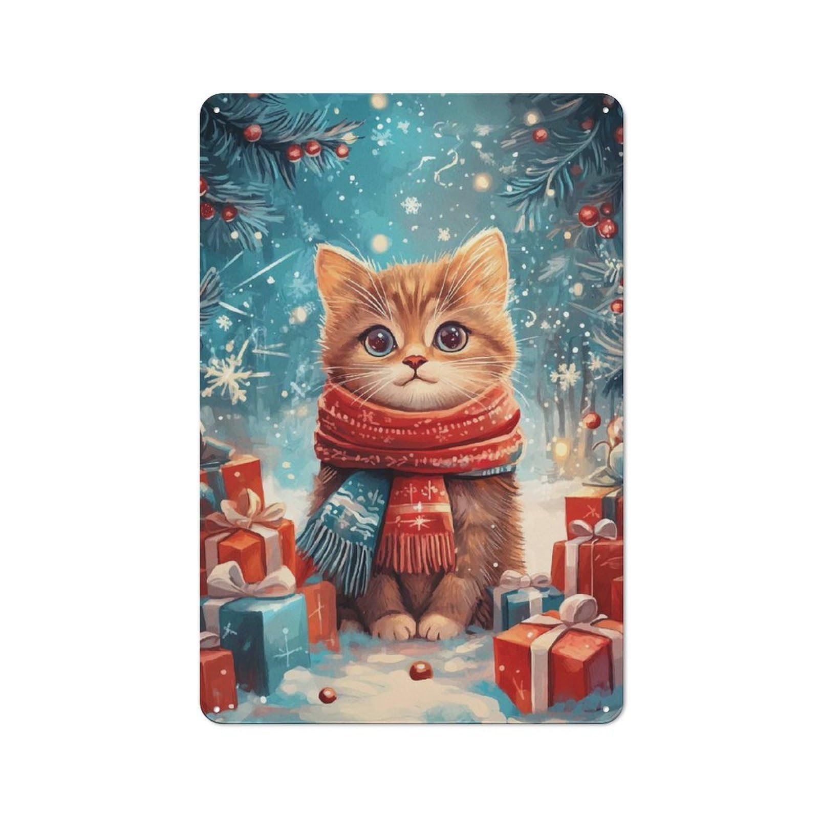 Junmoney Christmas Kitten Tin Wall Plaque 30X20cm With For Bar Or Restaurant, Housewarming Wall Decor For People Furnishing Bar And Restaurant